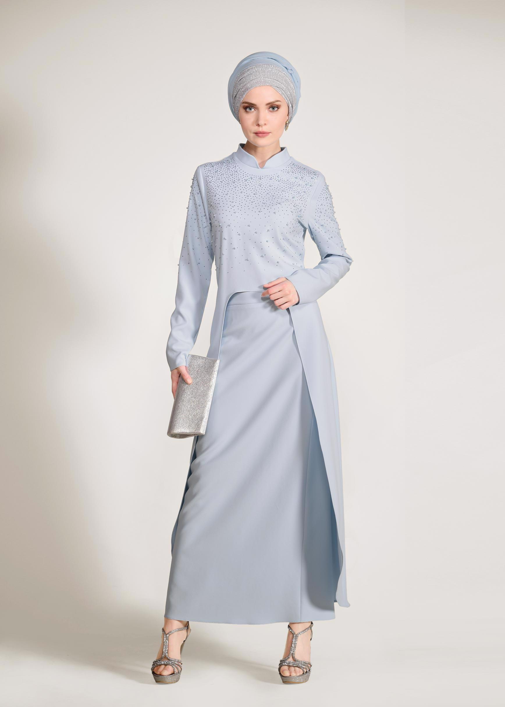 Tesettür giyim MAVİ BONCUK İŞLEMELİ 2′Lİ ETEKLİ TAKIM 3456