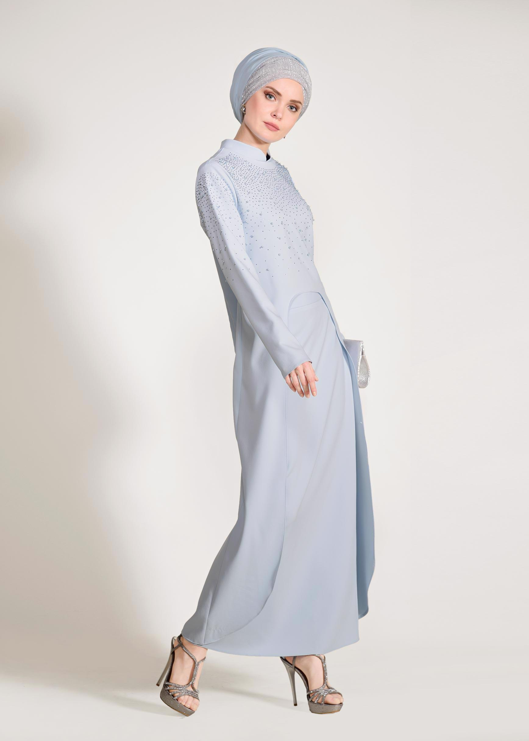 Tesettür giyim MAVİ BONCUK İŞLEMELİ 2′Lİ ETEKLİ TAKIM 3456