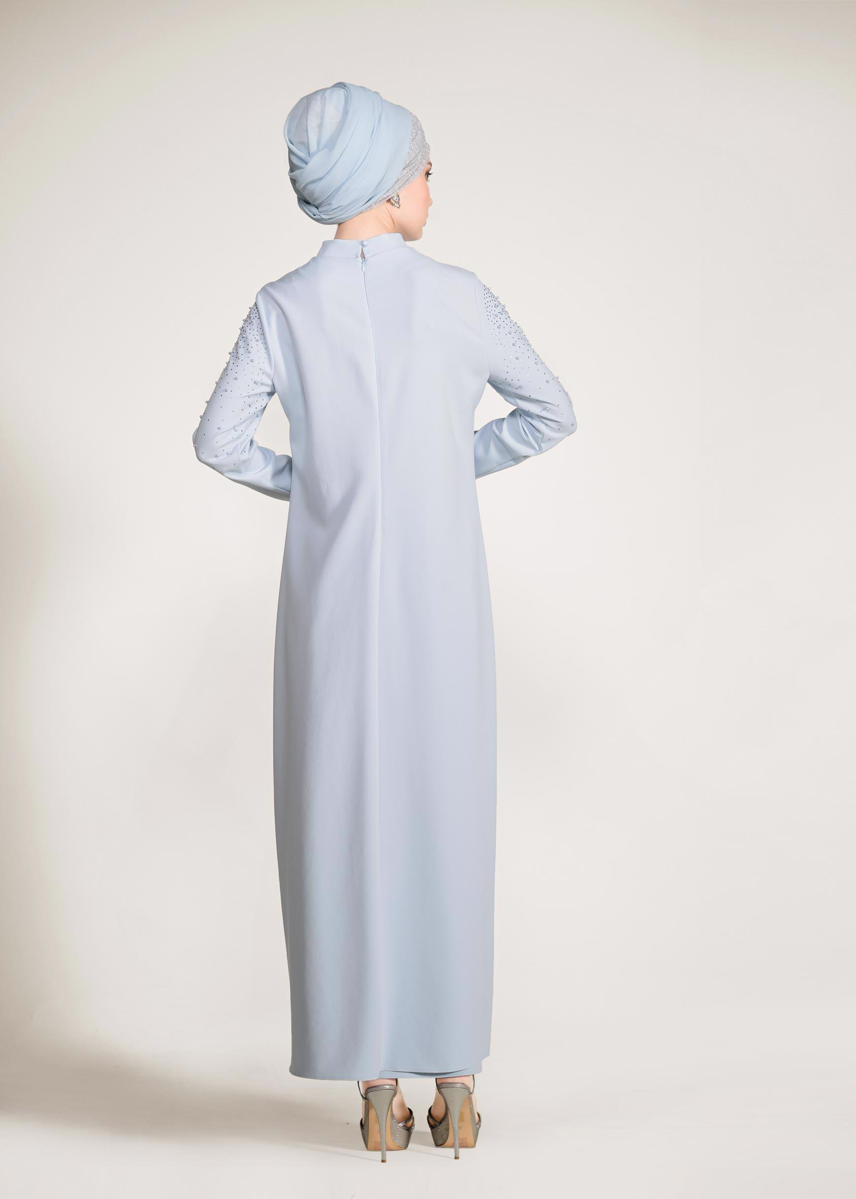 Tesettür giyim MAVİ BONCUK İŞLEMELİ 2′Lİ ETEKLİ TAKIM 3456