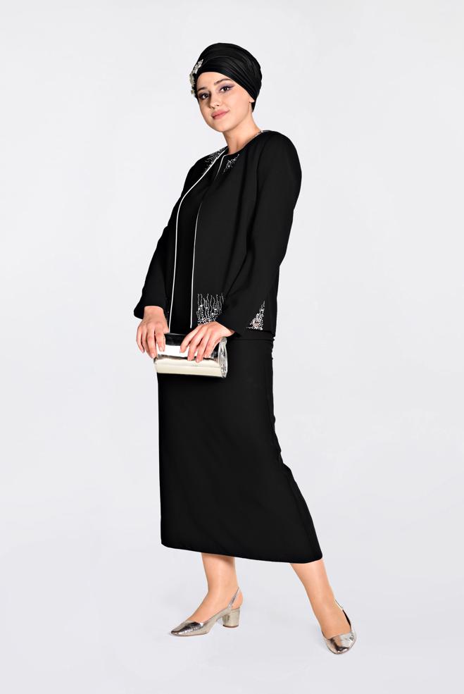 Hijab clothing BLACK Stone Printed Triple Suit 3466 - ALVİNA