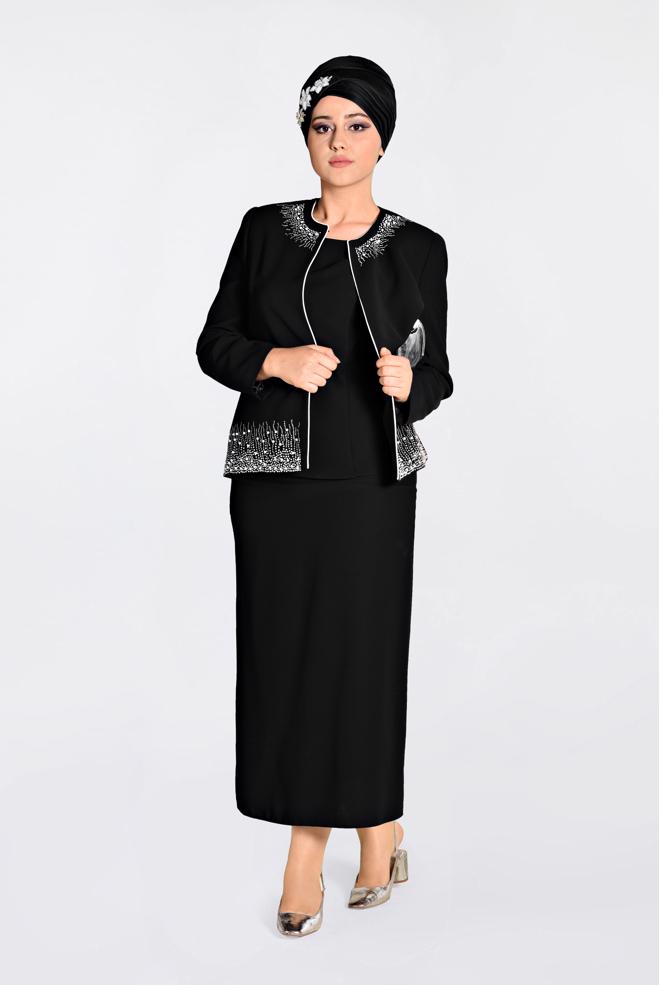 Hijab clothing BLACK Stone Printed Triple Suit 3466 - ALVİNA