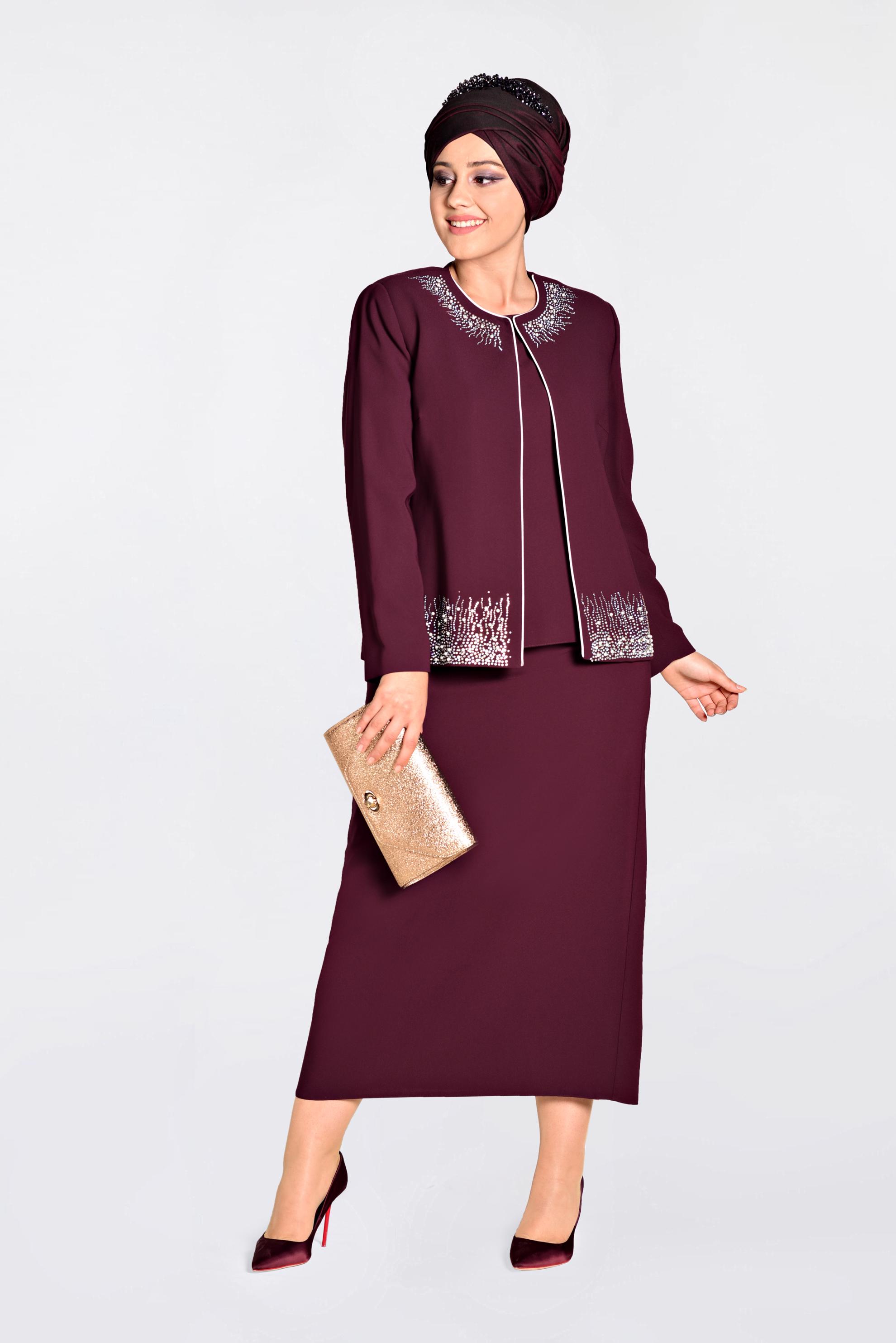 Tesettür giyim BORDO TAŞ BASKILI 3&prime;LÜ ETEKLİ TAKIM 3466