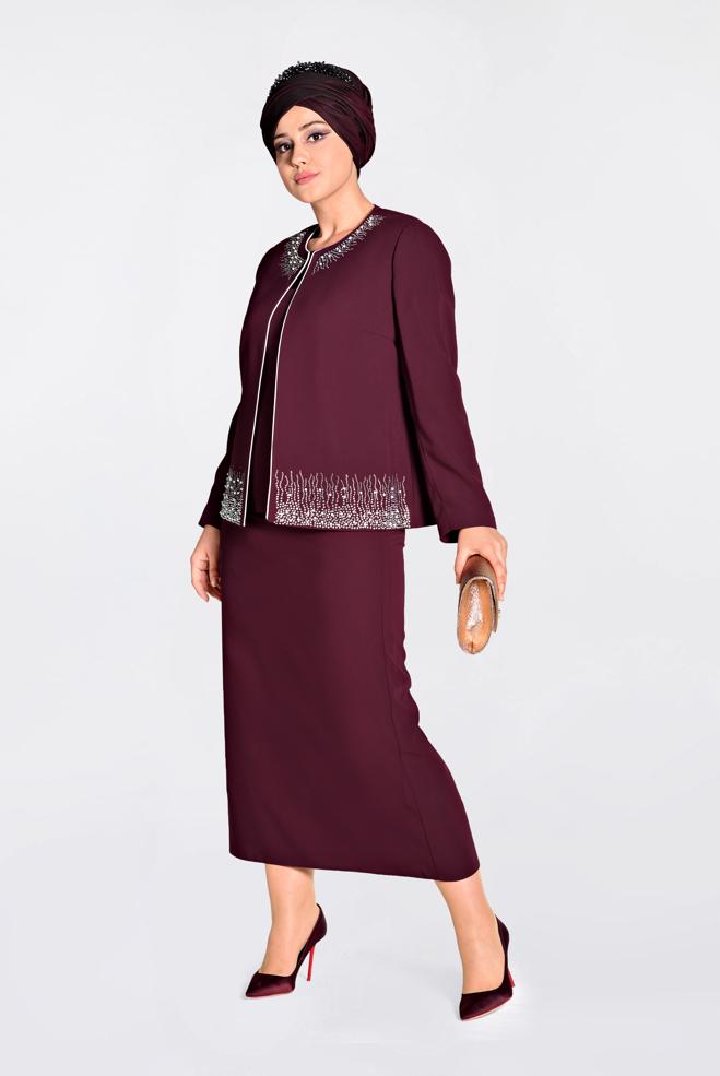 Hijab clothing BROWN Stone Printed Triple Suit 3466 - ALVİNA