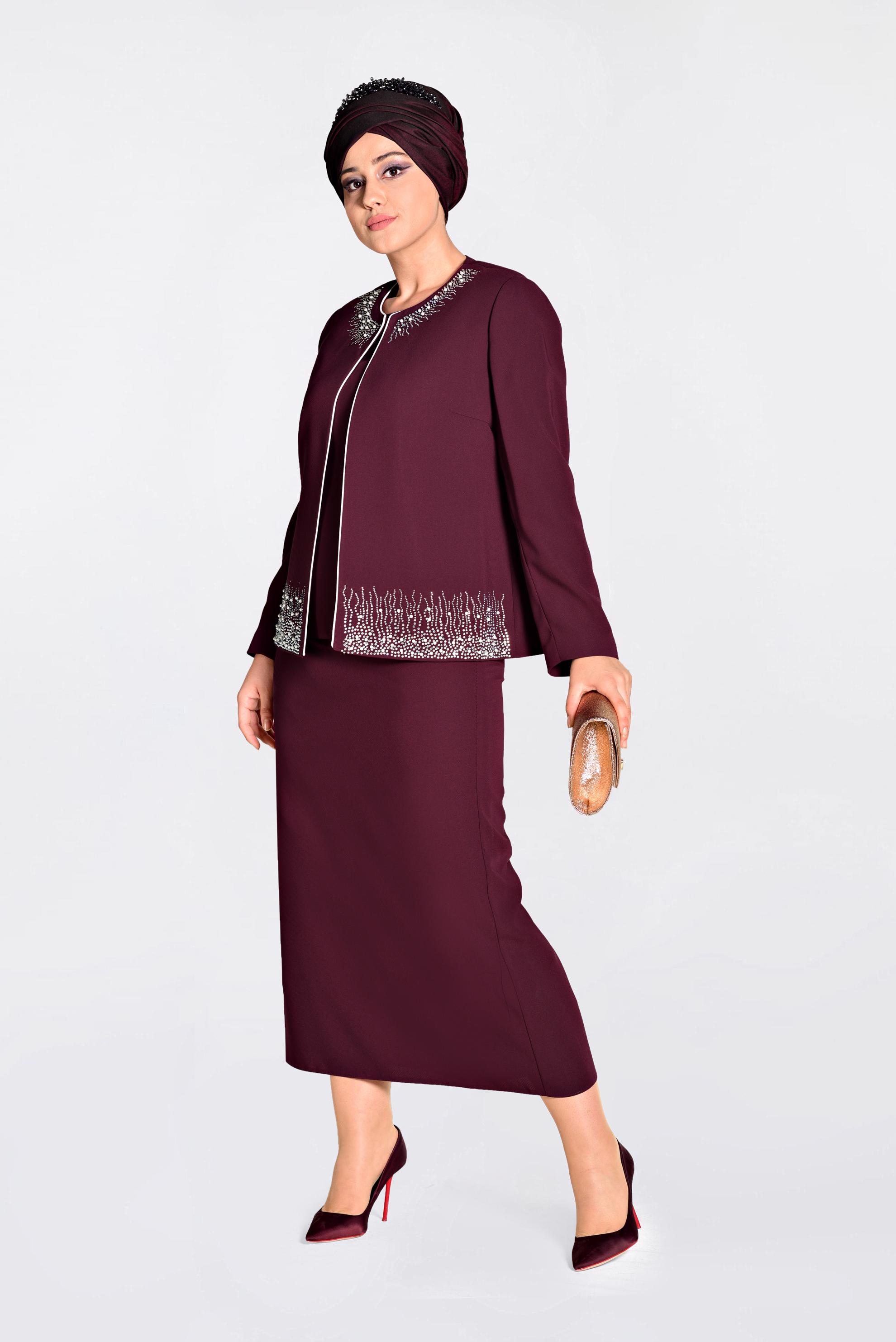 Tesettür giyim BORDO TAŞ BASKILI 3&prime;LÜ ETEKLİ TAKIM 3466