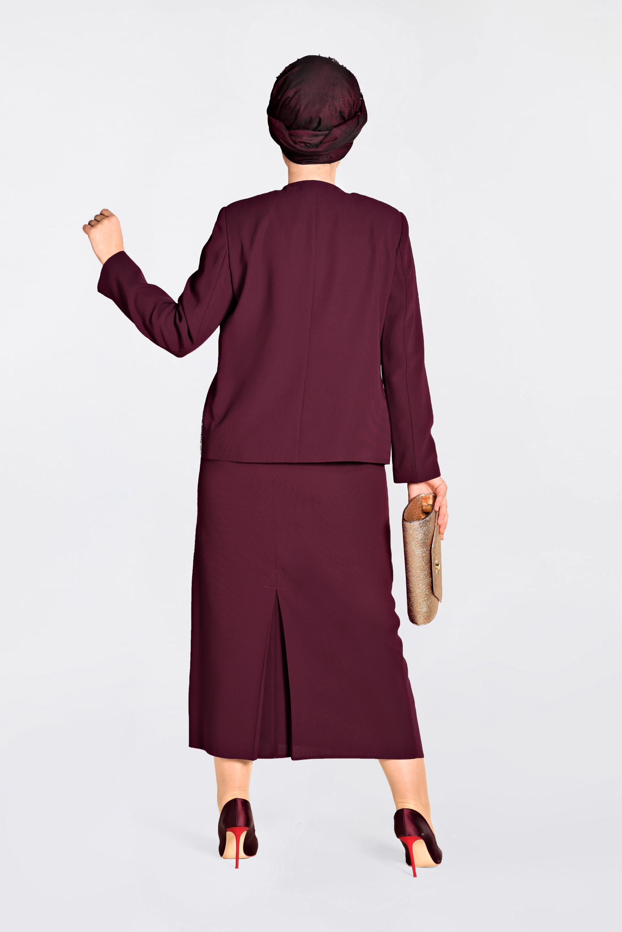 Tesettür giyim BORDO TAŞ BASKILI 3&prime;LÜ ETEKLİ TAKIM 3466