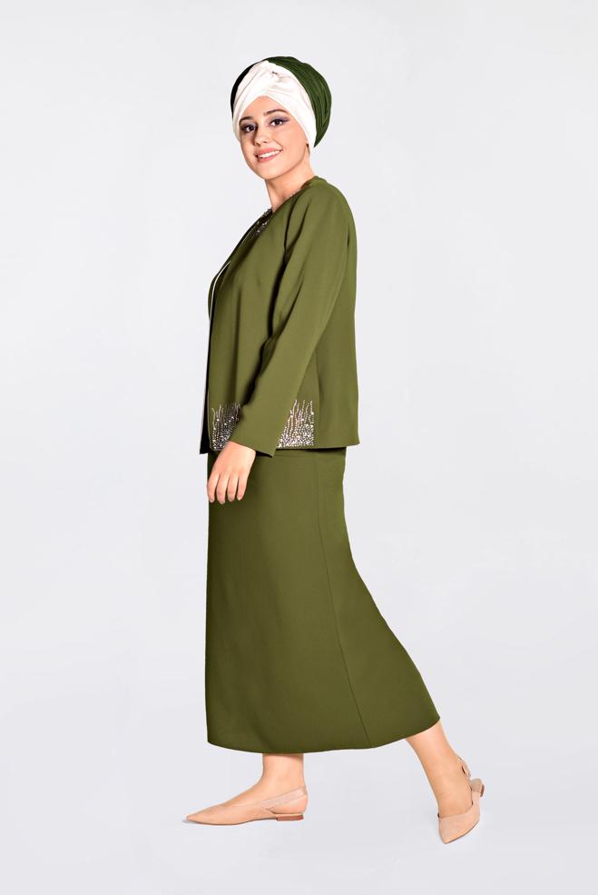 Hijab clothing KHAKI Stone Printed Triple Suit 3466 - ALVİNA