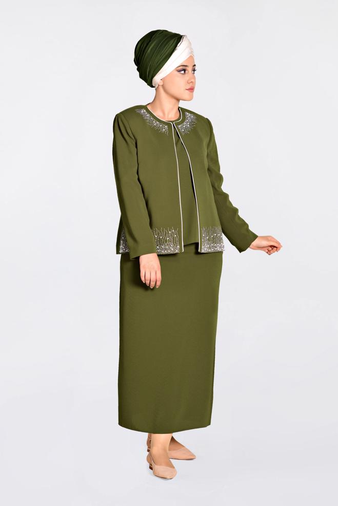 Hijab clothing KHAKI Stone Printed Triple Suit 3466 - ALVİNA