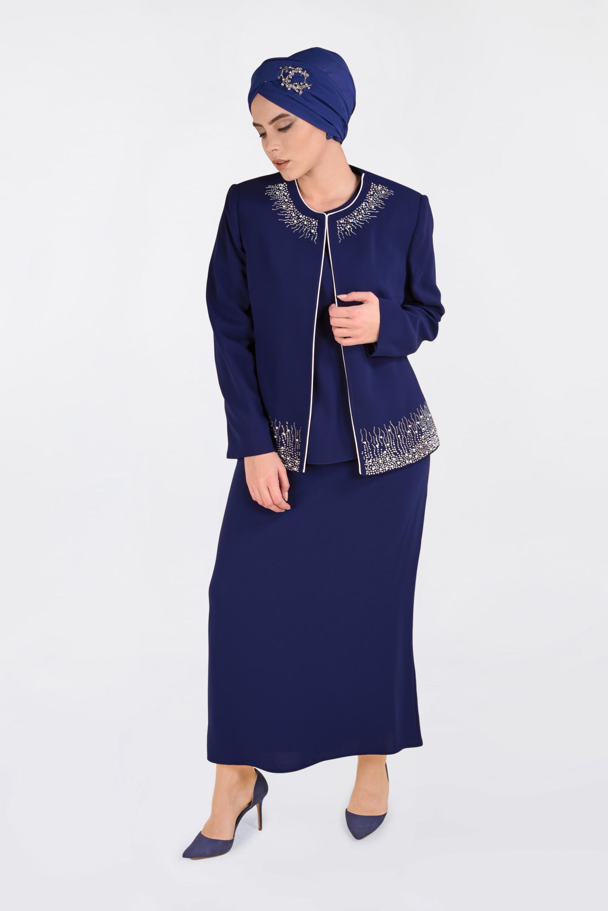 Hijab clothing NAVY BLUE Stone Printed Triple Suit 3466