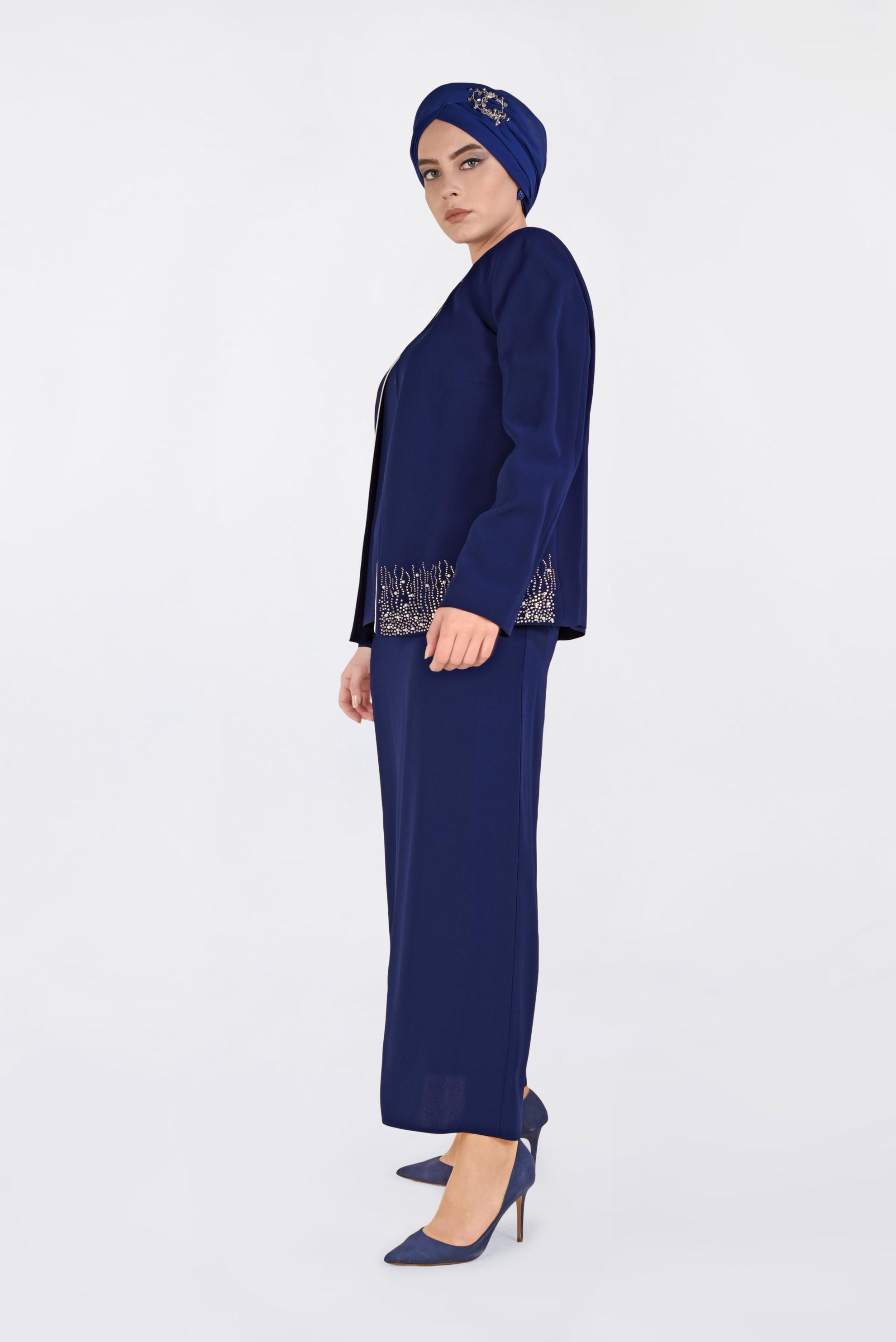 Hijab clothing NAVY BLUE Stone Printed Triple Suit 3466