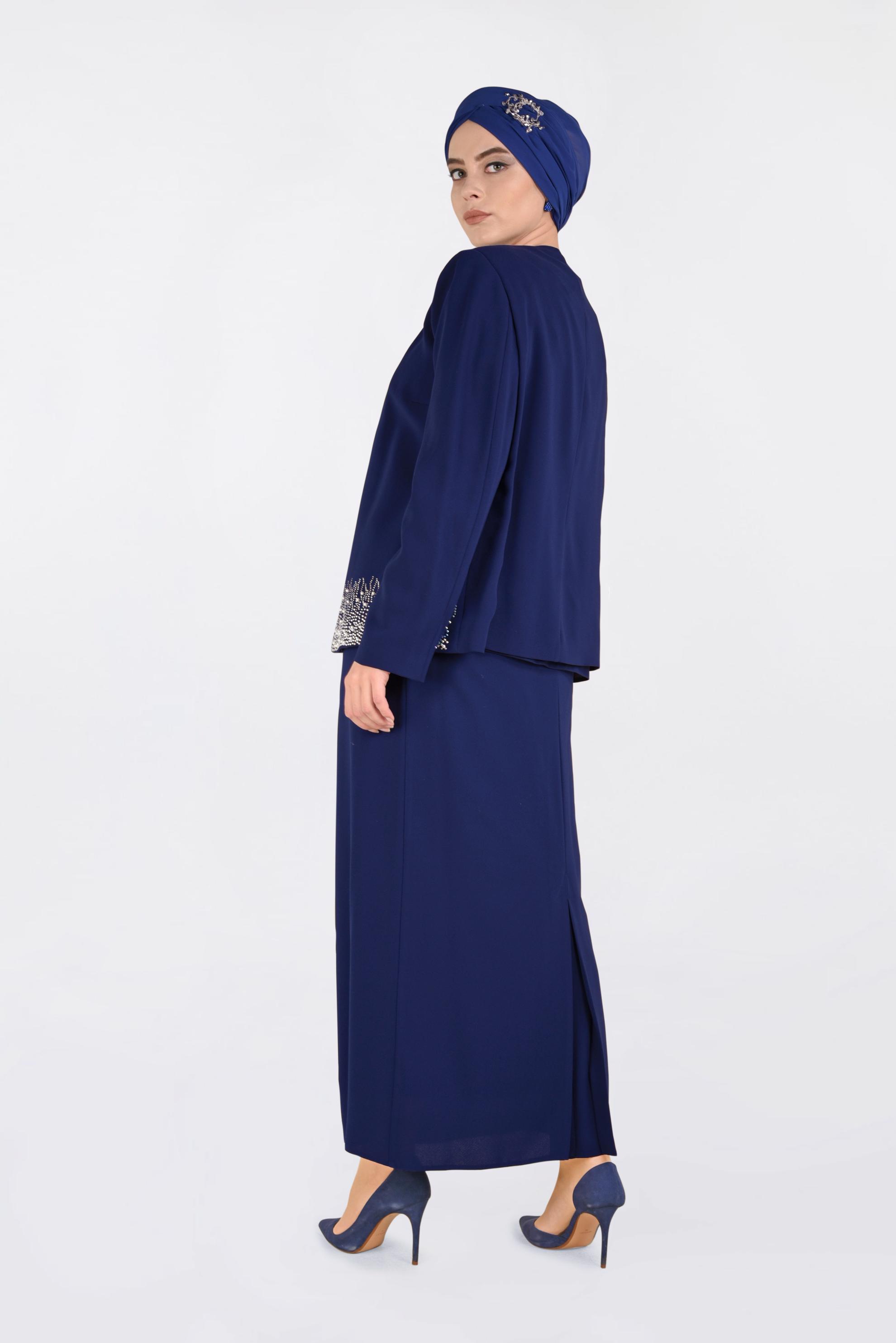 Hijab clothing NAVY BLUE Stone Printed Triple Suit 3466