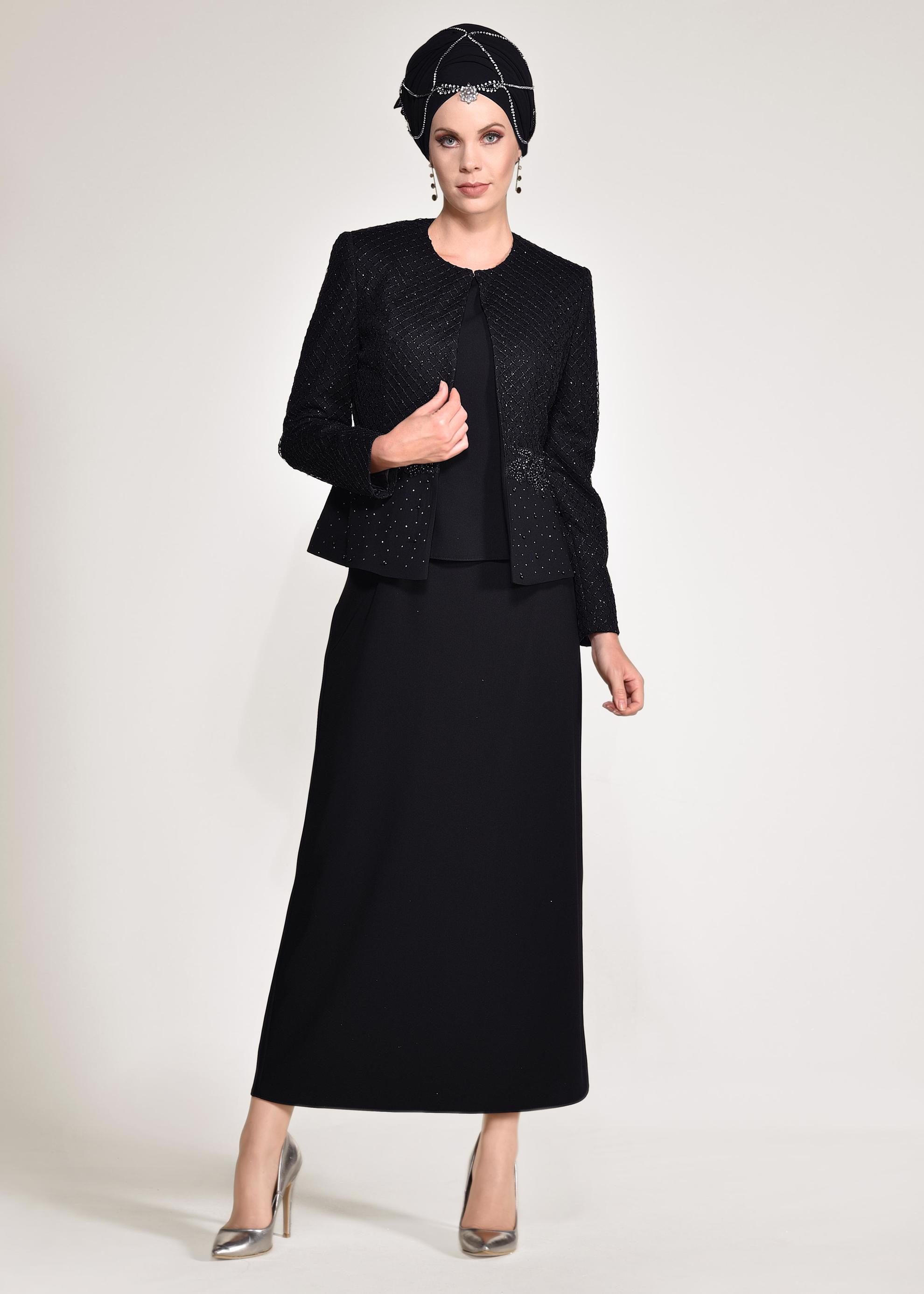 Tesettür giyim SİYAH CEKETİ TAŞLI 3′LÜ ETEKLİ TAKIM 3470