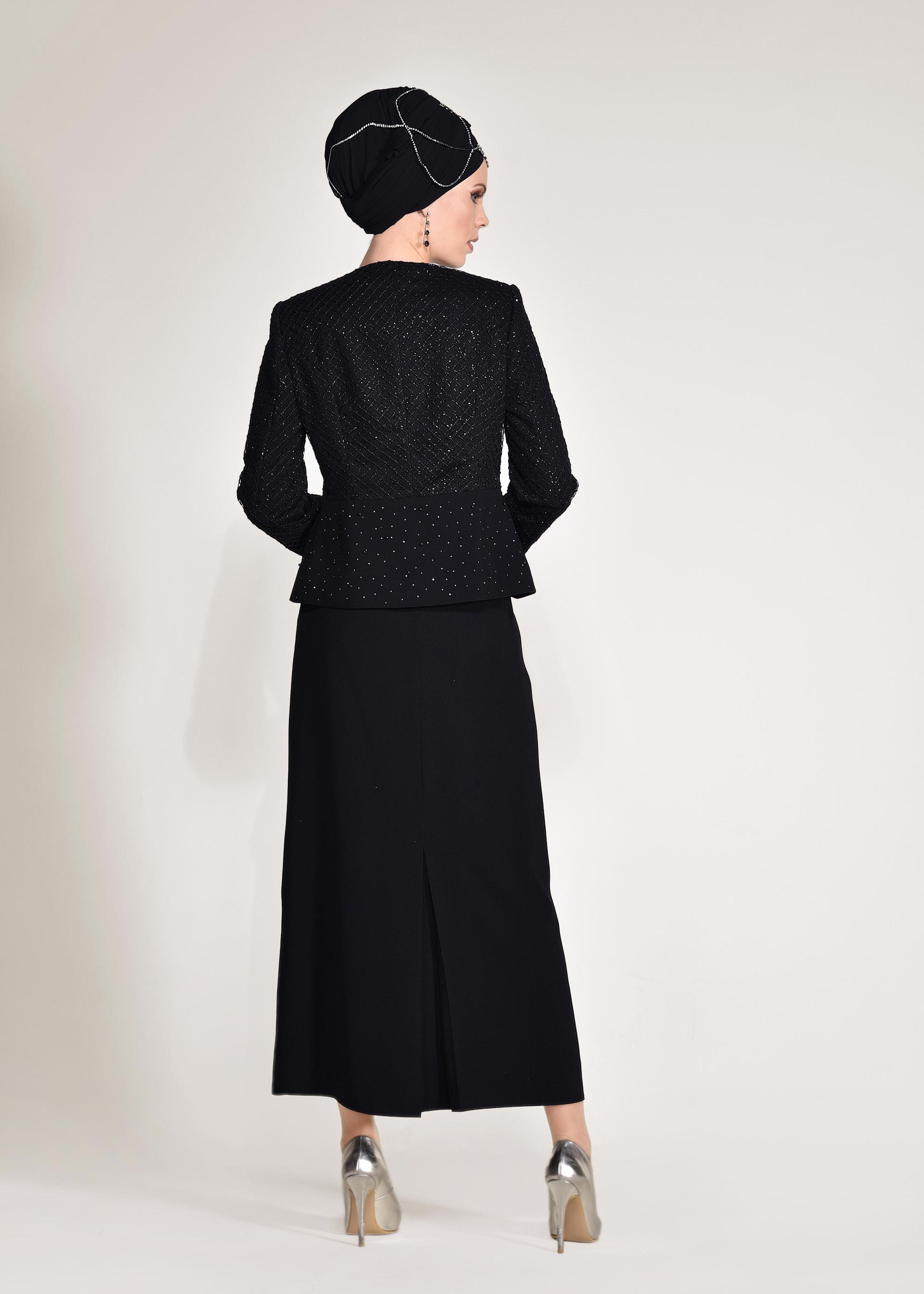 Tesettür giyim SİYAH CEKETİ TAŞLI 3′LÜ ETEKLİ TAKIM 3470