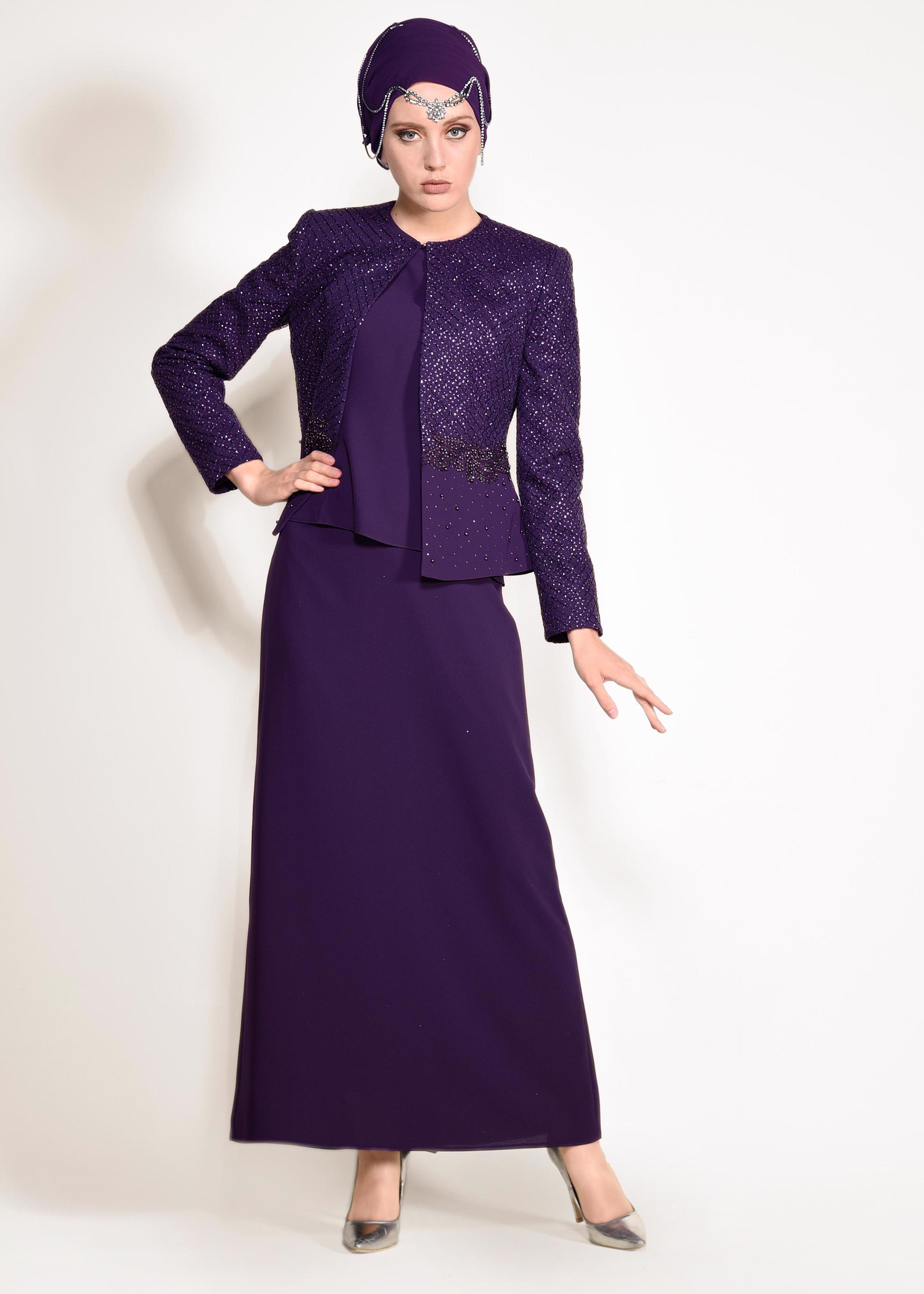 Hijab clothing PURPLE Stoned Triple Suit 3470 