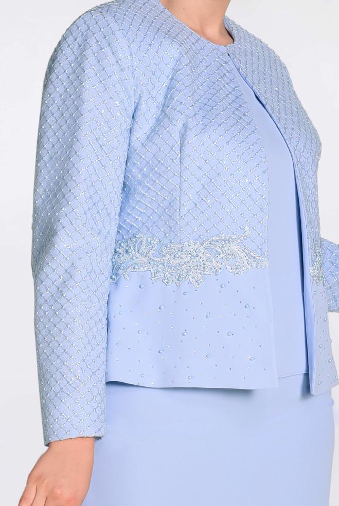 Tesettür giyim MAVİ CEKETİ TAŞLI 3′LÜ ETEKLİ TAKIM 3470 - ALVİNA