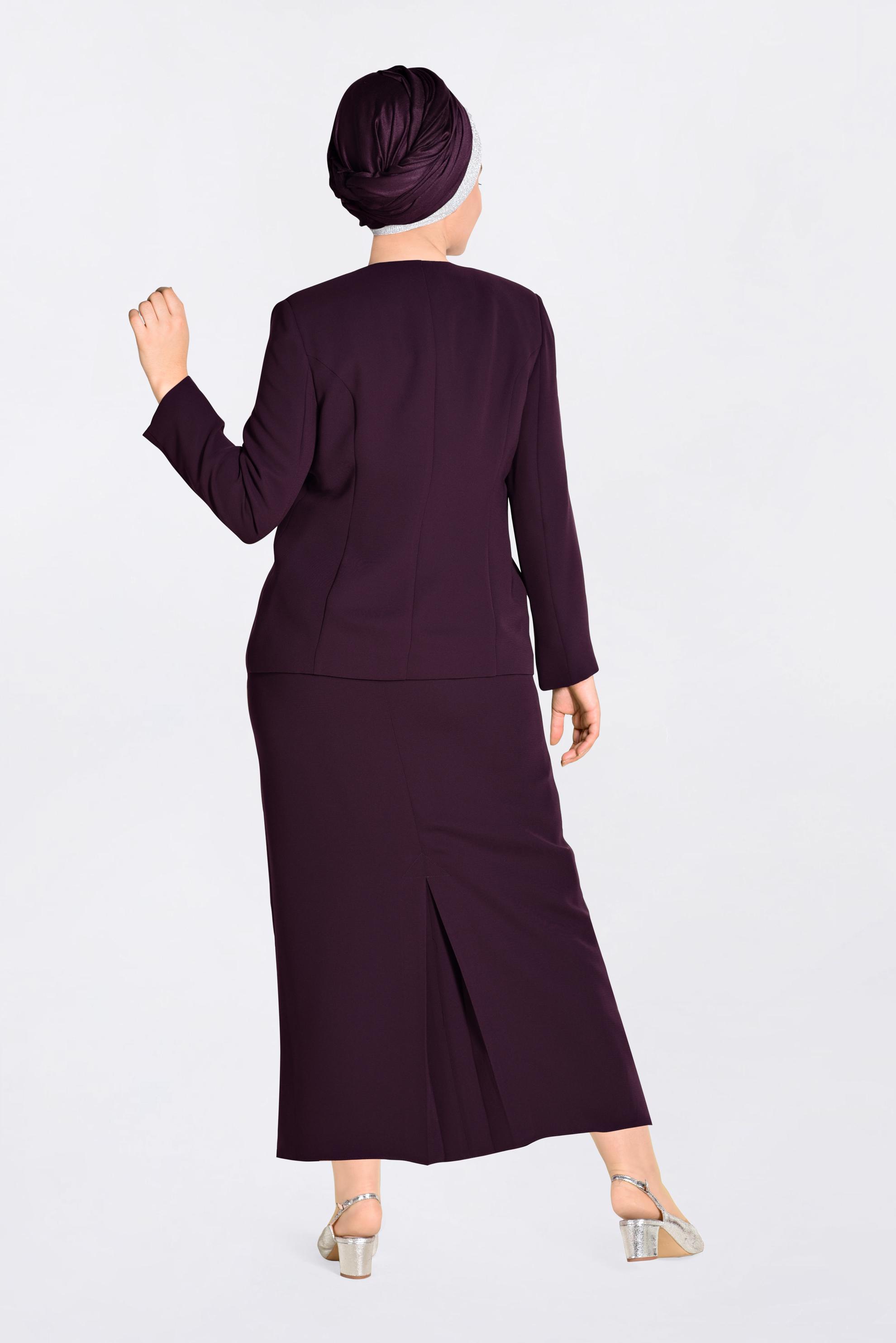 Tesettür giyim MÜRDÜM GÜPÜR VE TAŞ BASKI DETAYLI 3&prime;LÜ ETEKLİ TAKIM 3480 