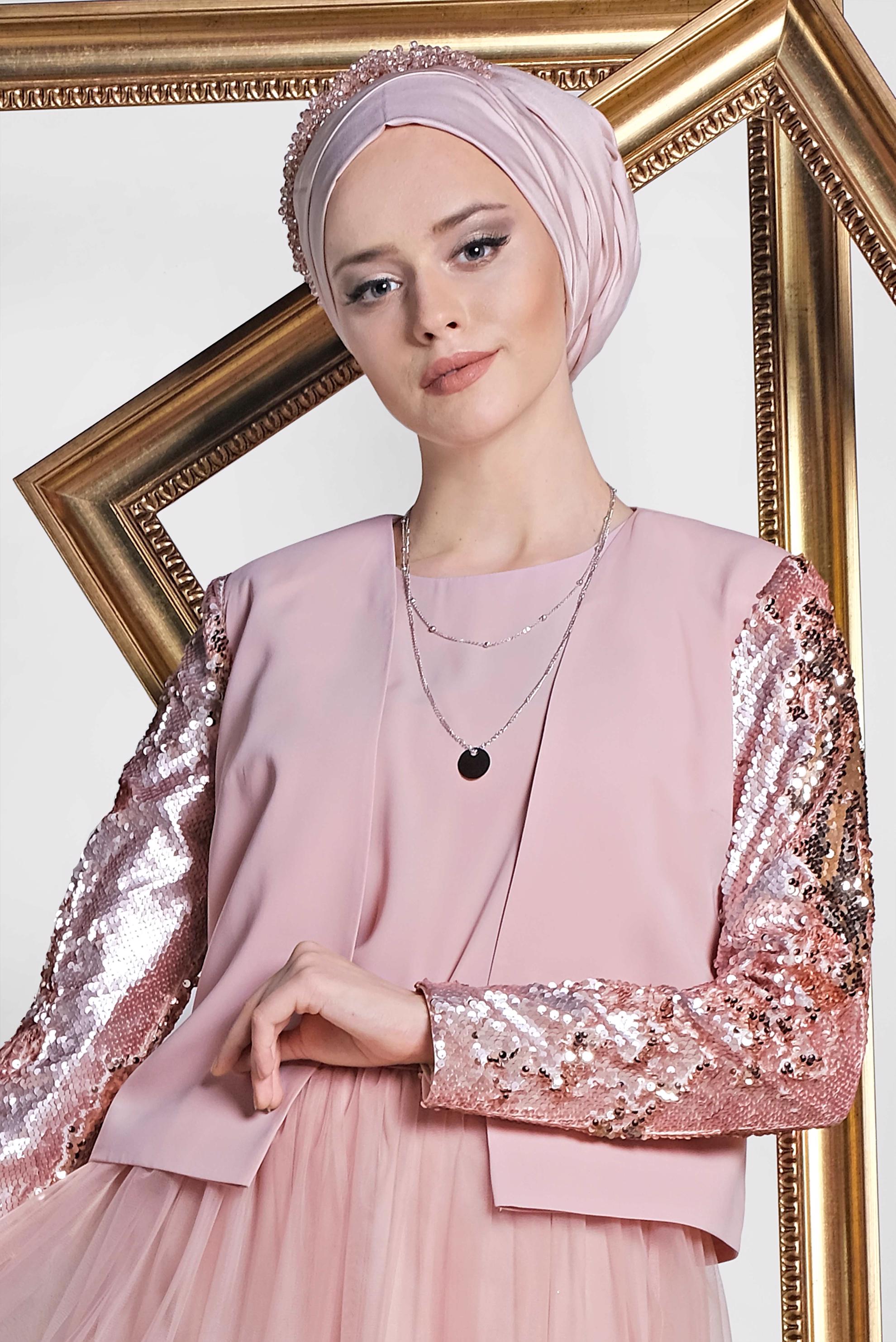 Tesettür giyim PUDRA PUL PAYET VE TÜL DETAYLI 3′LÜ ETEKLİ TAKIM 3540