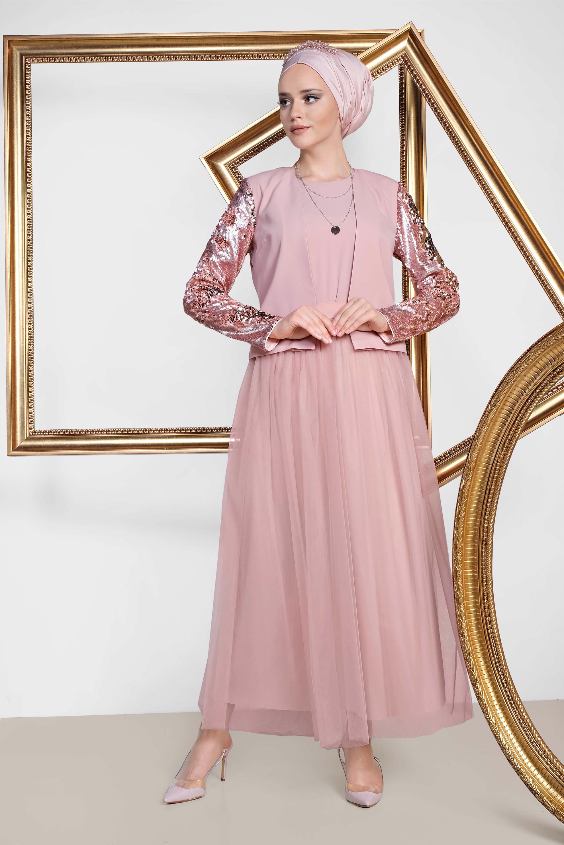 Tesettür giyim PUDRA PUL PAYET VE TÜL DETAYLI 3′LÜ ETEKLİ TAKIM 3540