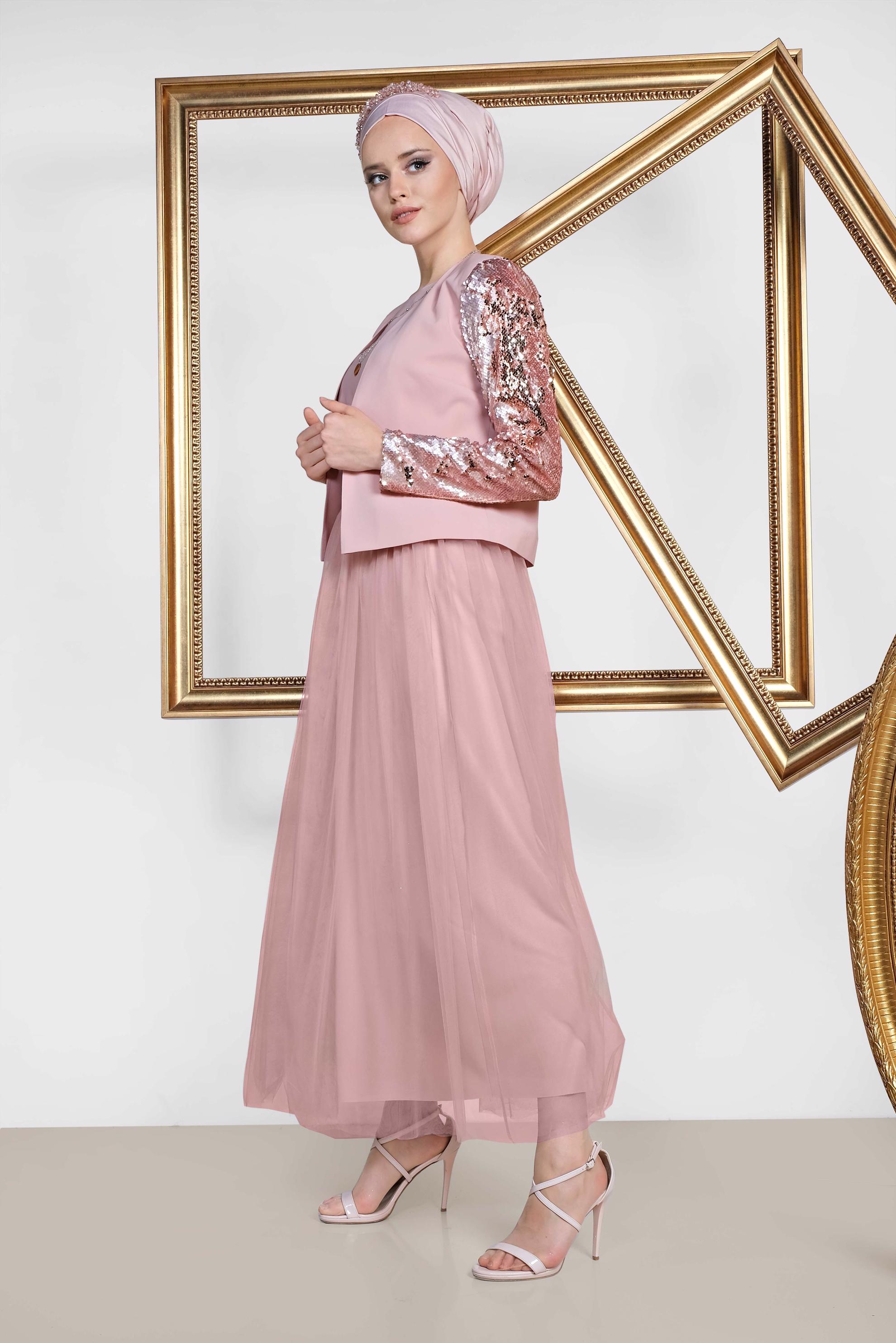 Tesettür giyim PUDRA PUL PAYET VE TÜL DETAYLI 3′LÜ ETEKLİ TAKIM 3540