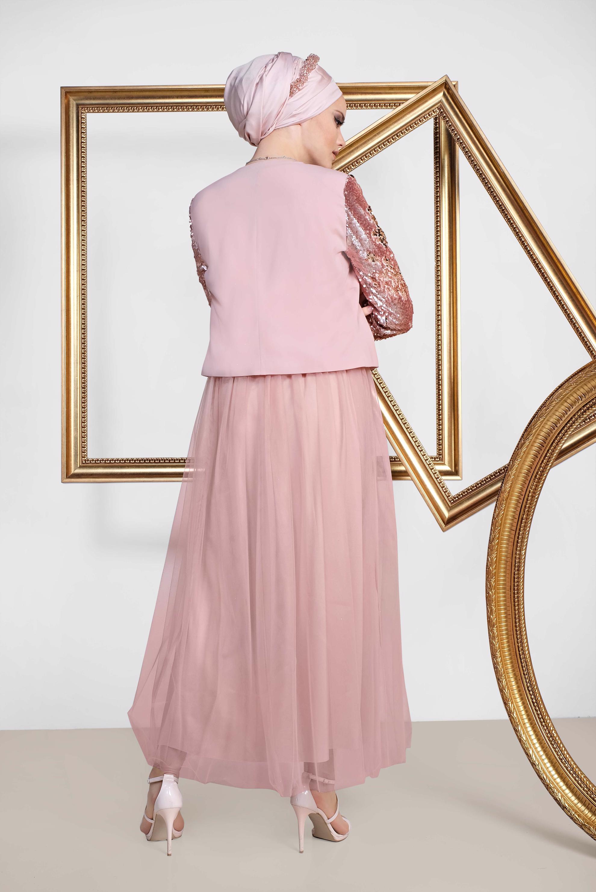 Tesettür giyim PUDRA PUL PAYET VE TÜL DETAYLI 3′LÜ ETEKLİ TAKIM 3540