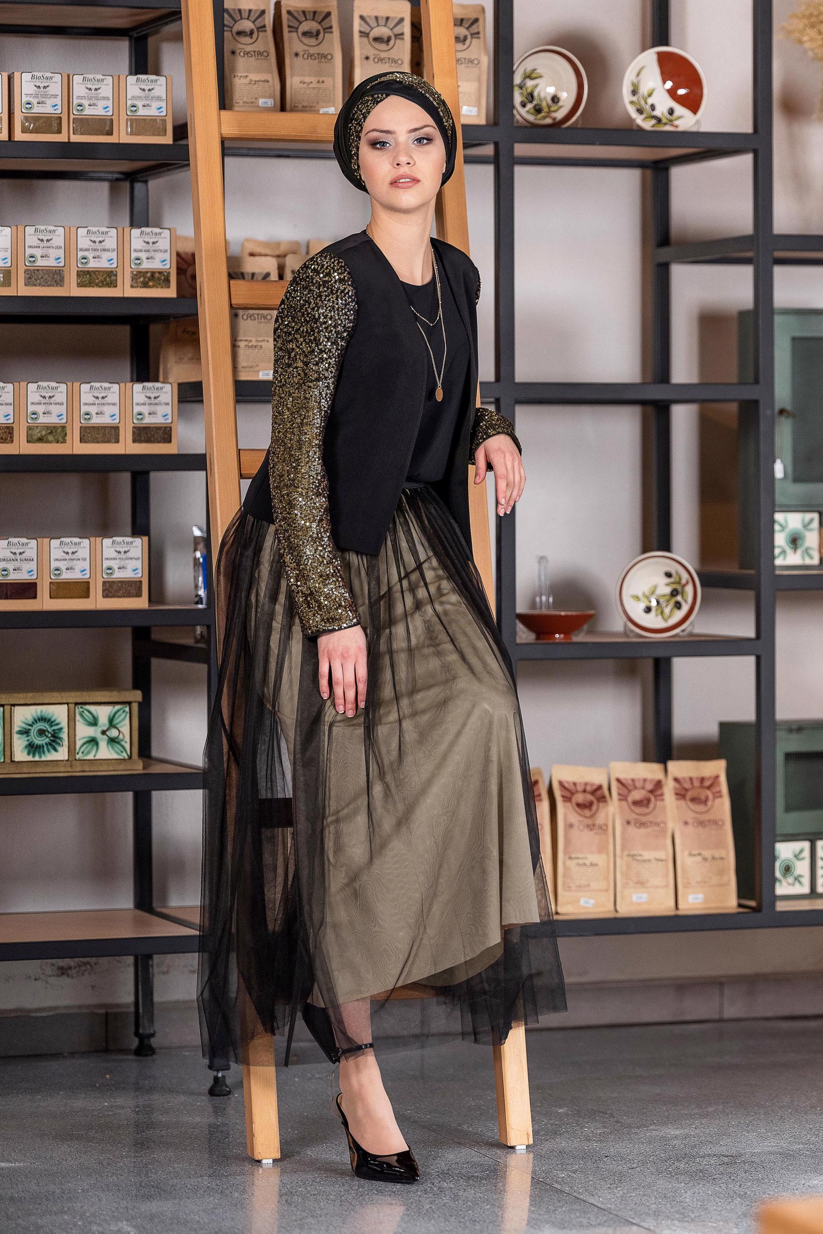 Tesettür giyim SİYAH PUL PAYET VE TÜL DETAYLI 3′LÜ ETEKLİ TAKIM 3540