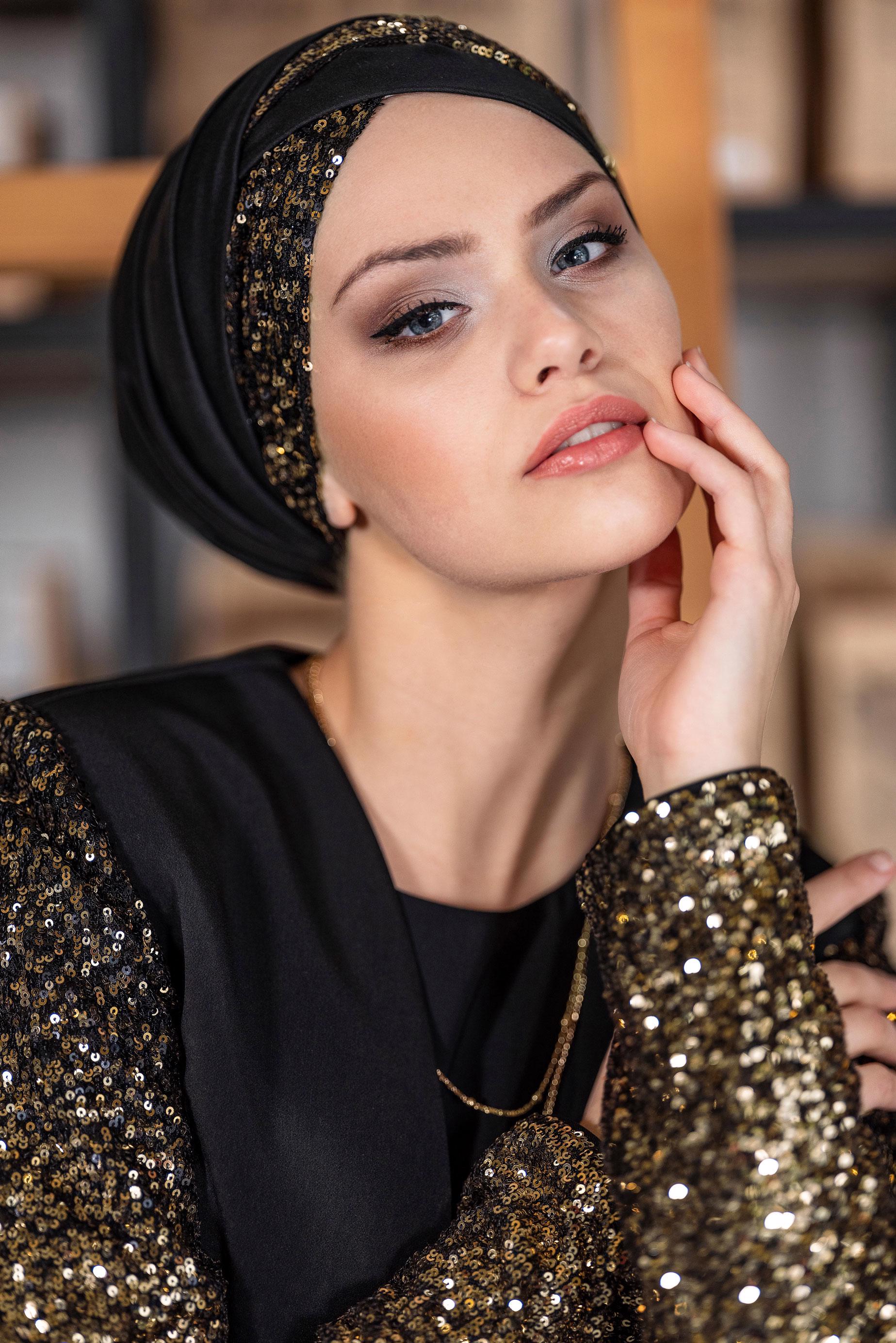 Tesettür giyim SİYAH PUL PAYET VE TÜL DETAYLI 3′LÜ ETEKLİ TAKIM 3540