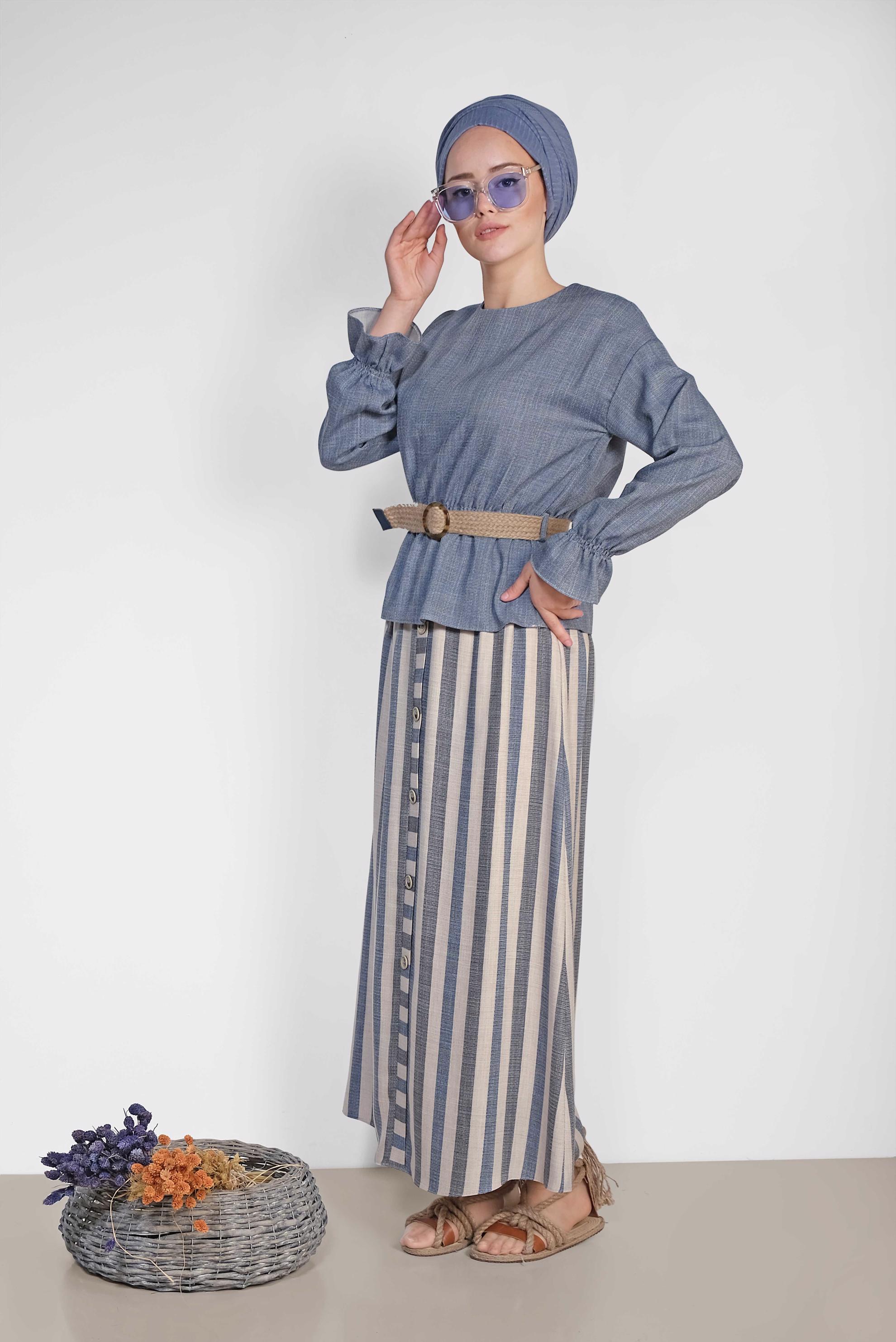 Tesettür giyim LACİVERT ETEĞİ ÇİZGİLİ HASIR KEMERLİ İKİLİ ETEKLİ TAKIM 4344