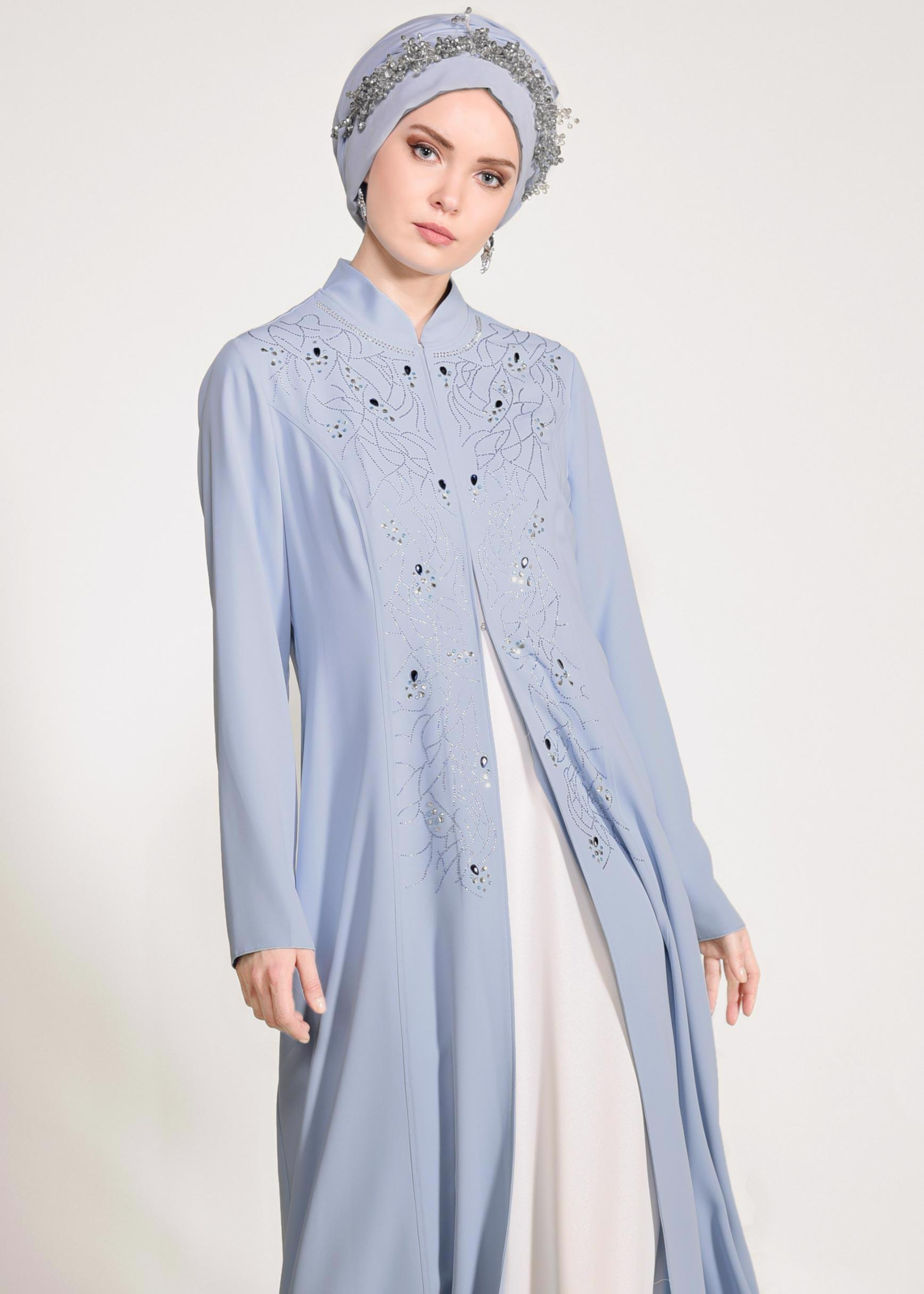 Tesettür giyim MAVİ CEKETİ HAKİM YAKA 2′Lİ ELBİSELİ TAKIM 3423