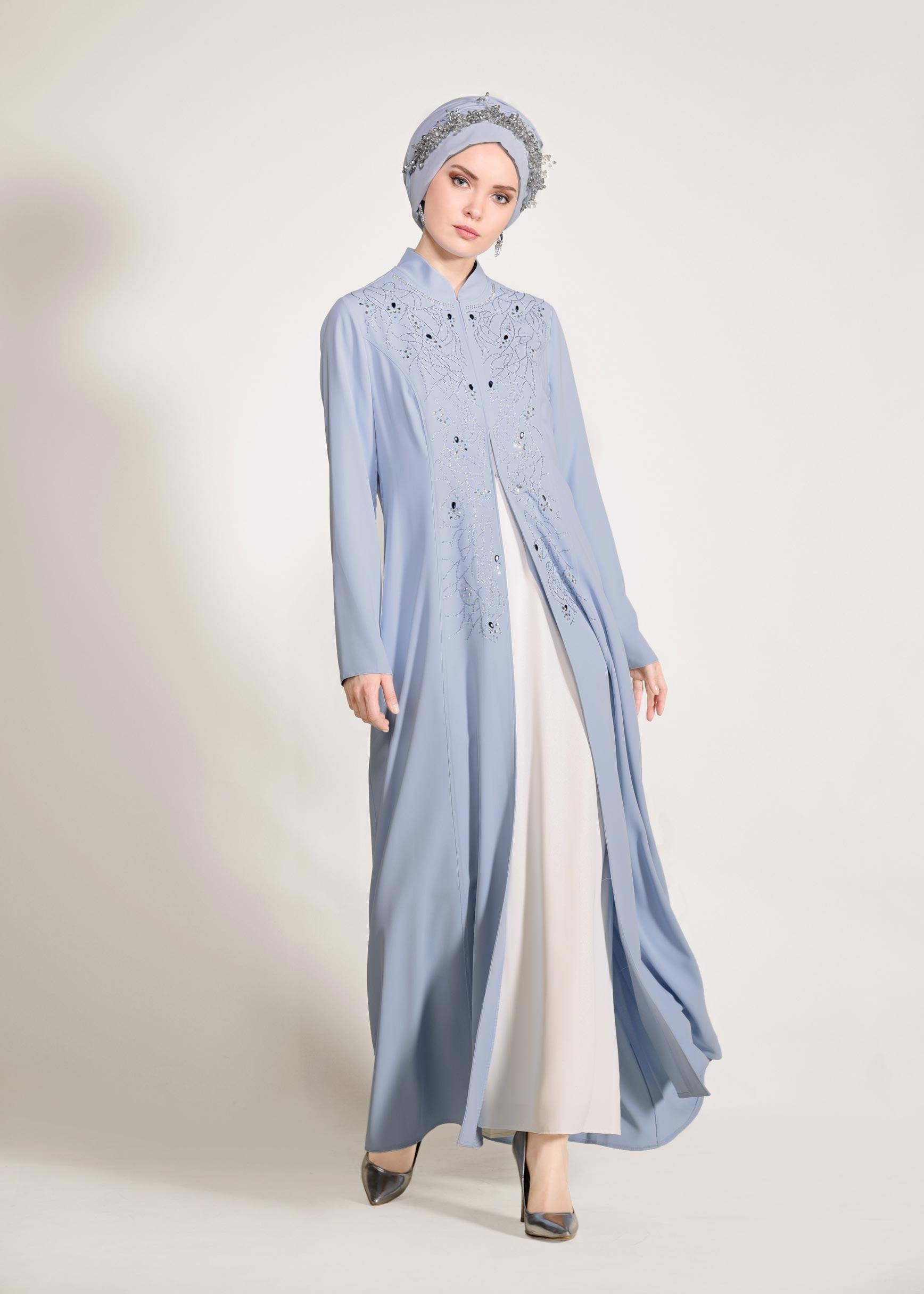 Tesettür giyim MAVİ CEKETİ HAKİM YAKA 2′Lİ ELBİSELİ TAKIM 3423