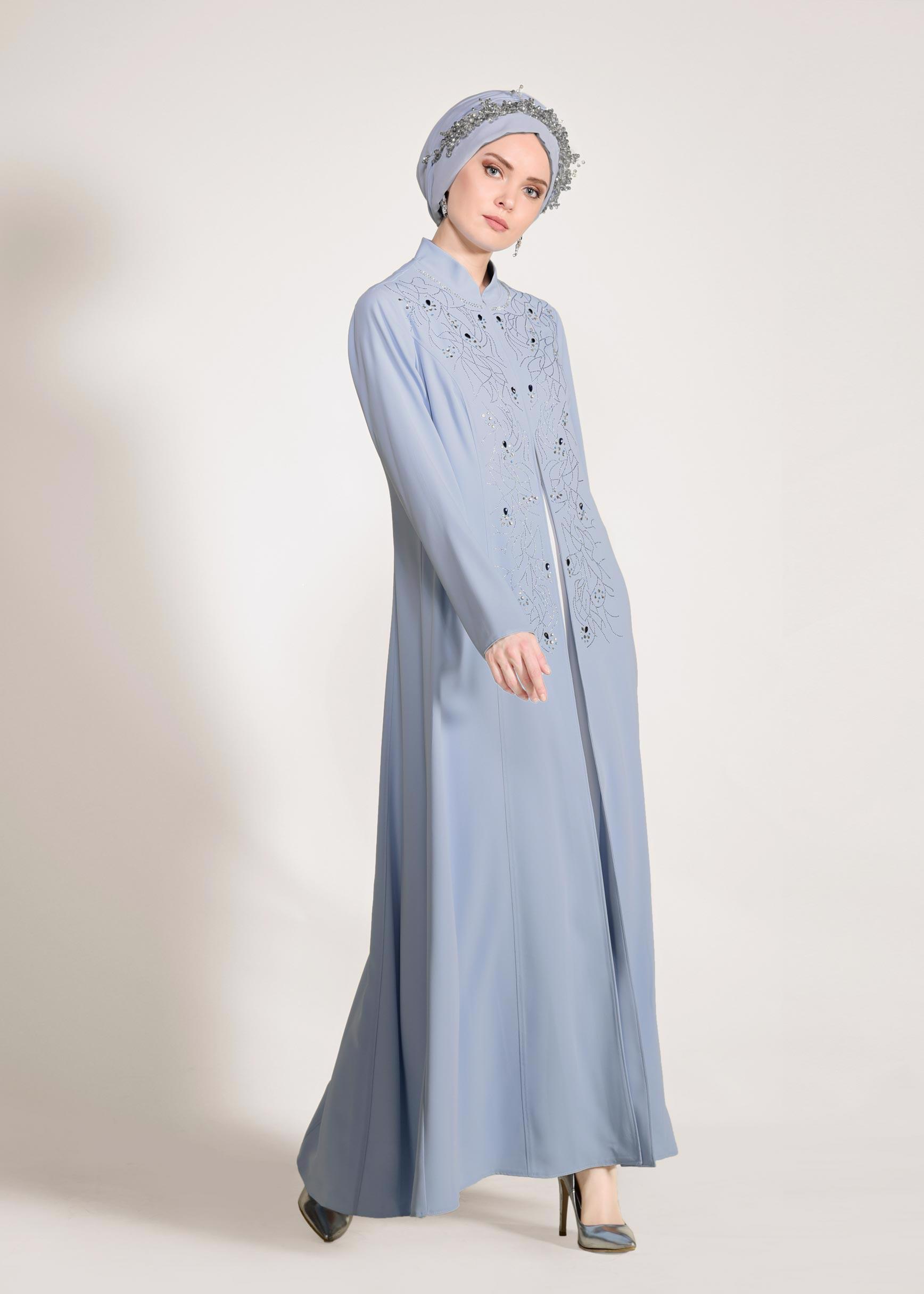 Tesettür giyim MAVİ CEKETİ HAKİM YAKA 2′Lİ ELBİSELİ TAKIM 3423