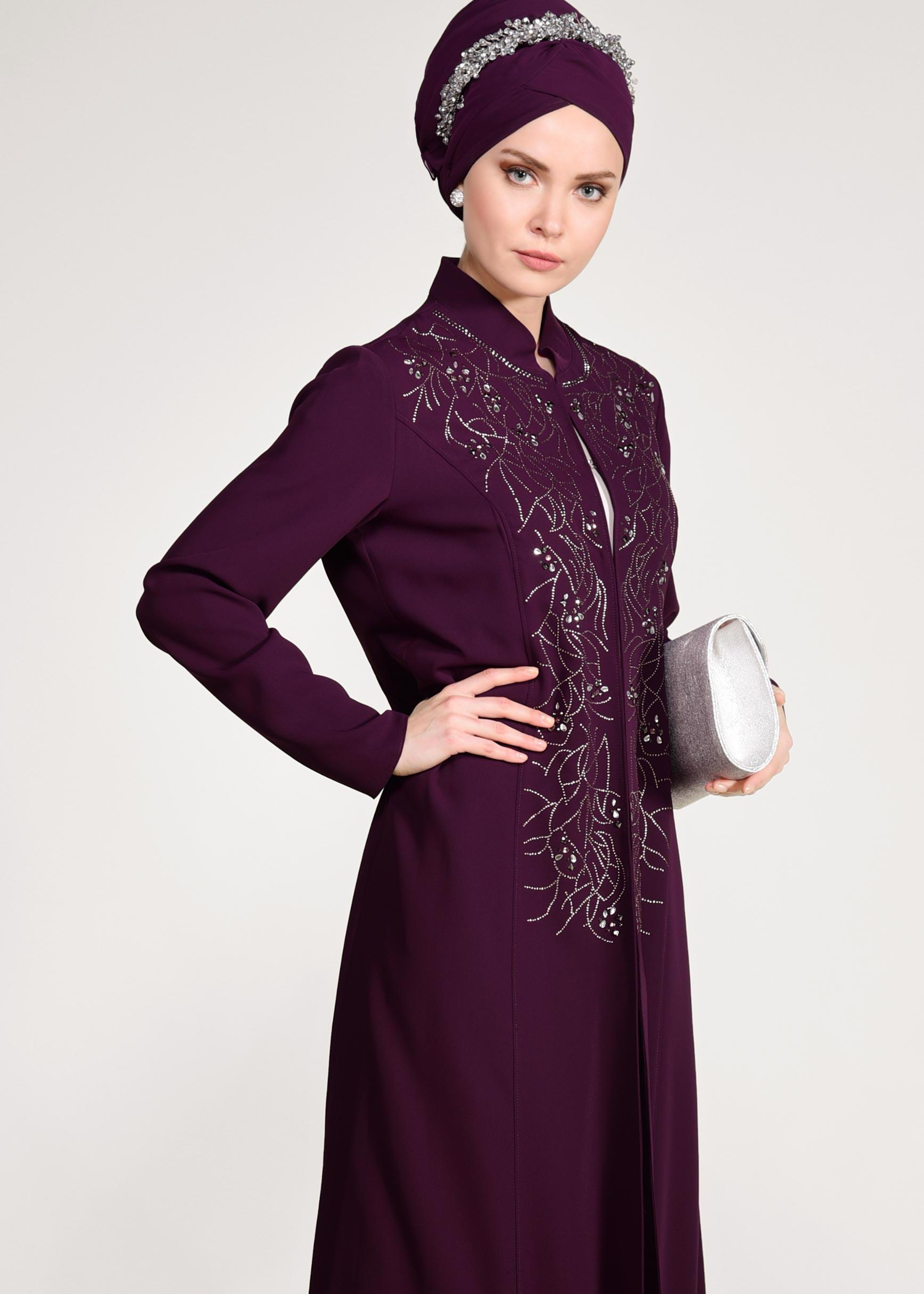 Tesettür giyim MOR CEKETİ HAKİM YAKA 2′Lİ ELBİSELİ TAKIM 3423