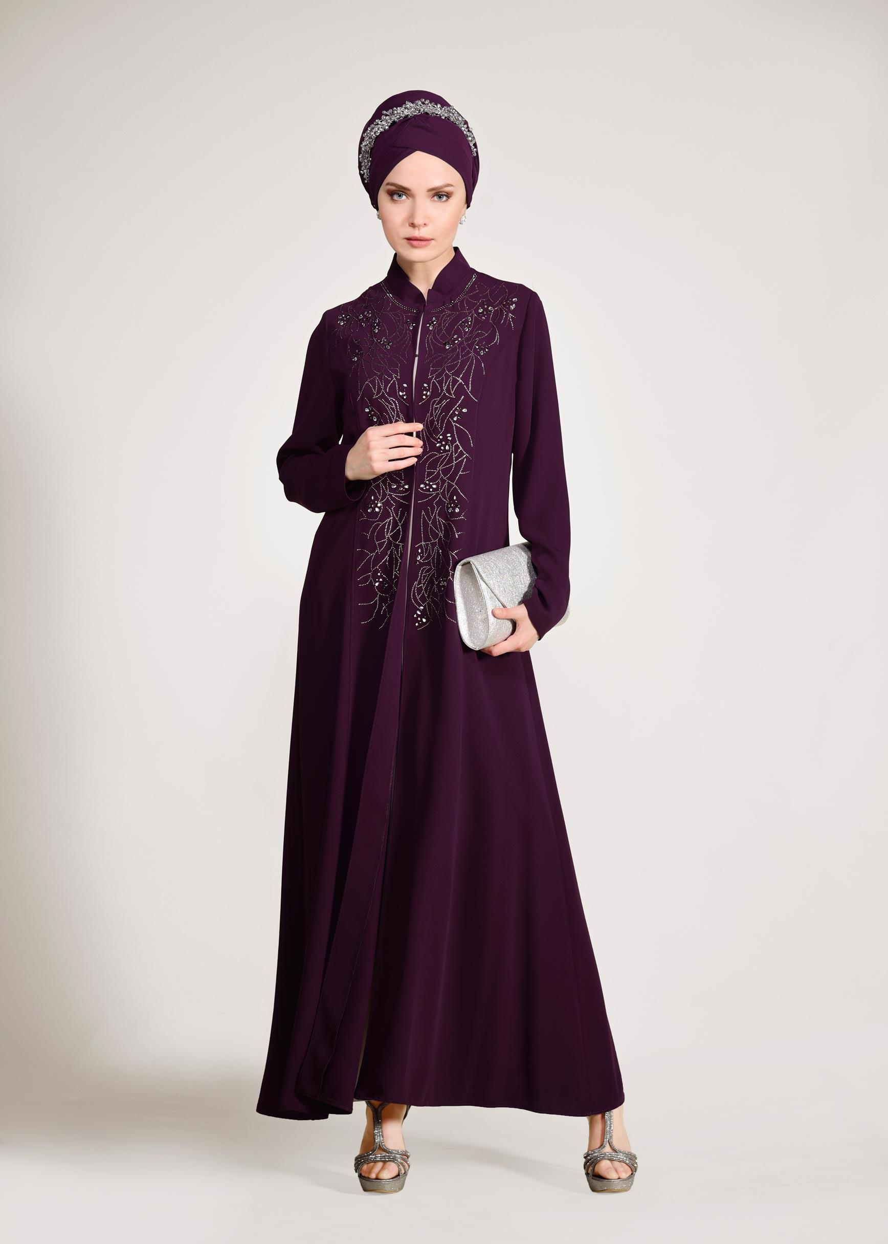 Tesettür giyim MOR CEKETİ HAKİM YAKA 2′Lİ ELBİSELİ TAKIM 3423