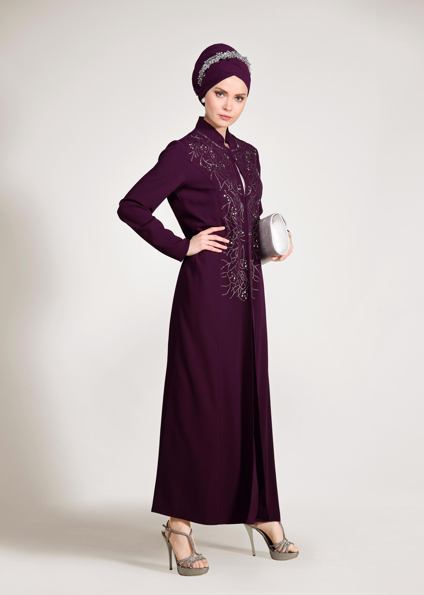 Tesettür giyim MOR CEKETİ HAKİM YAKA 2′Lİ ELBİSELİ TAKIM 3423
