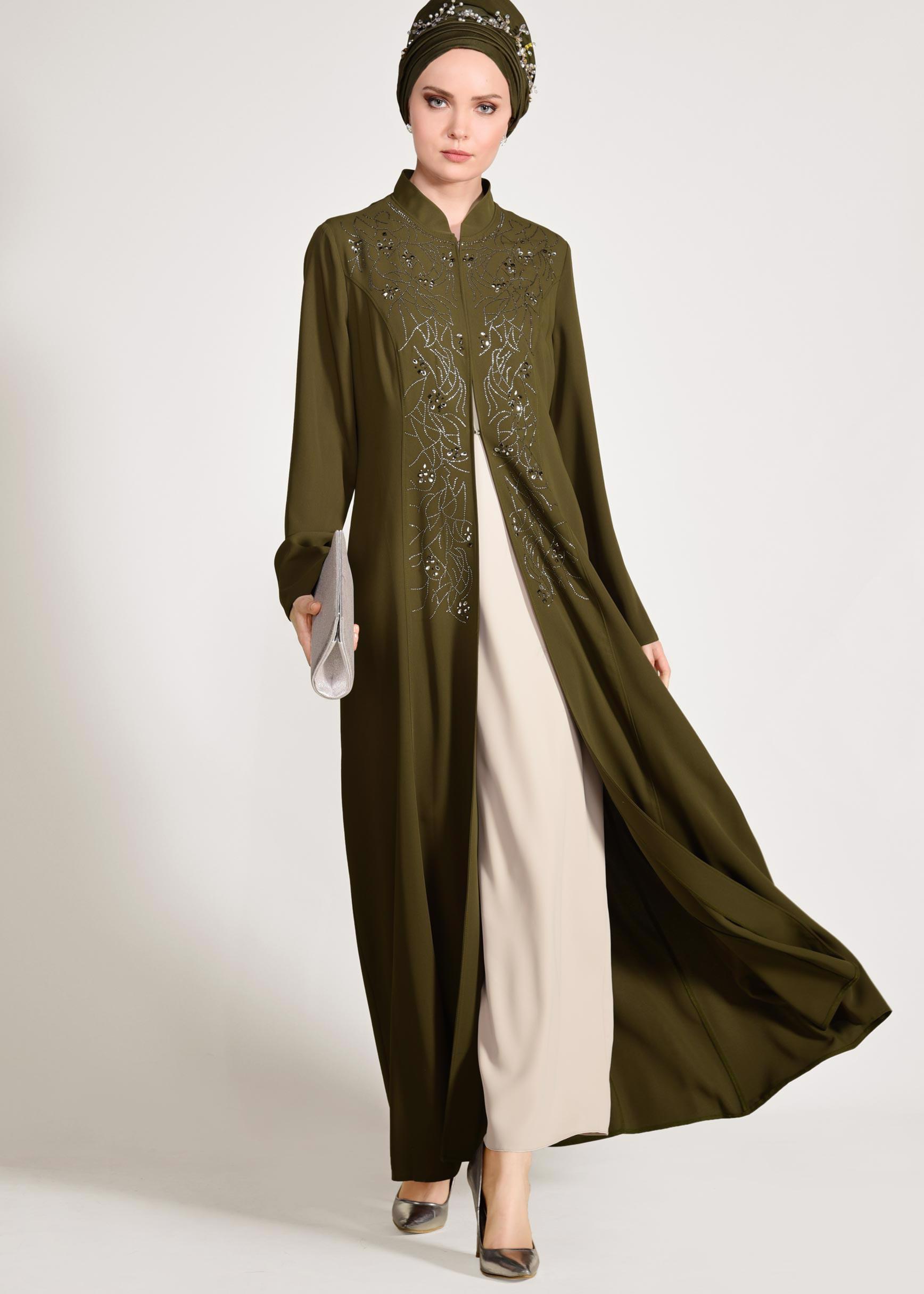 Tesettür giyim HAKİ CEKETİ HAKİM YAKA 2′Lİ ELBİSELİ TAKIM 3423