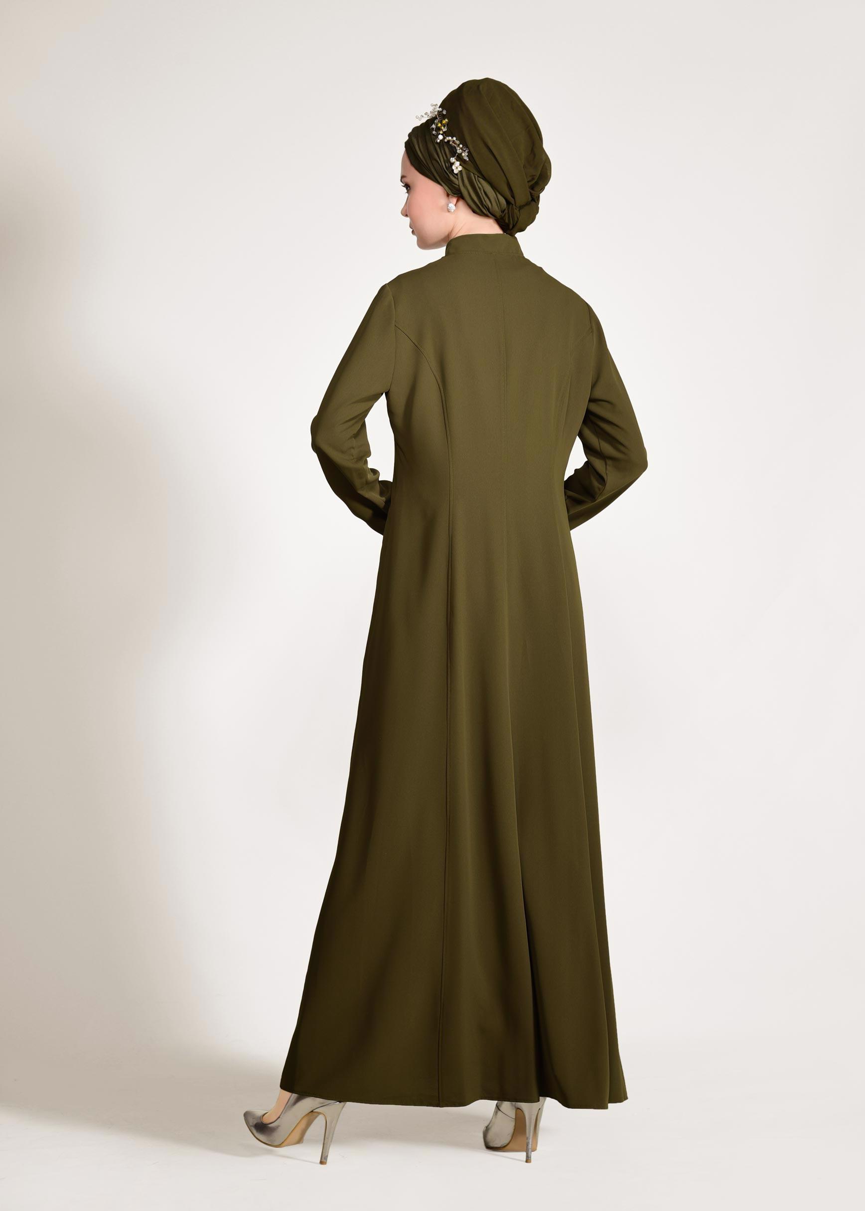 Tesettür giyim HAKİ CEKETİ HAKİM YAKA 2′Lİ ELBİSELİ TAKIM 3423