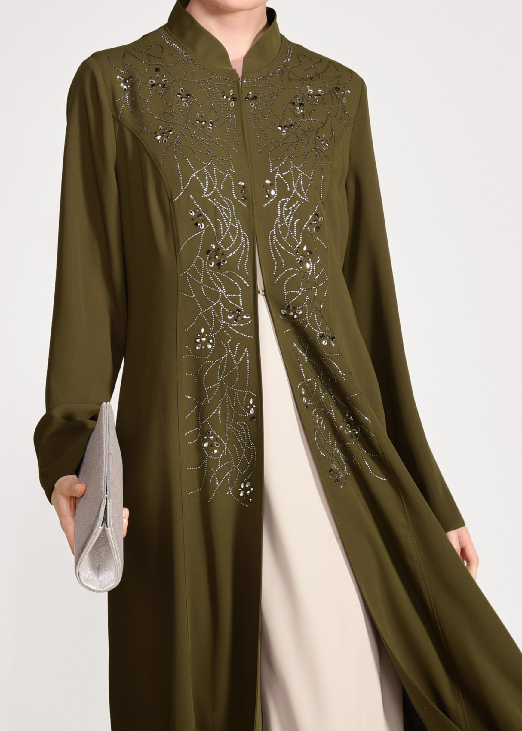 Tesettür giyim HAKİ CEKETİ HAKİM YAKA 2′Lİ ELBİSELİ TAKIM 3423