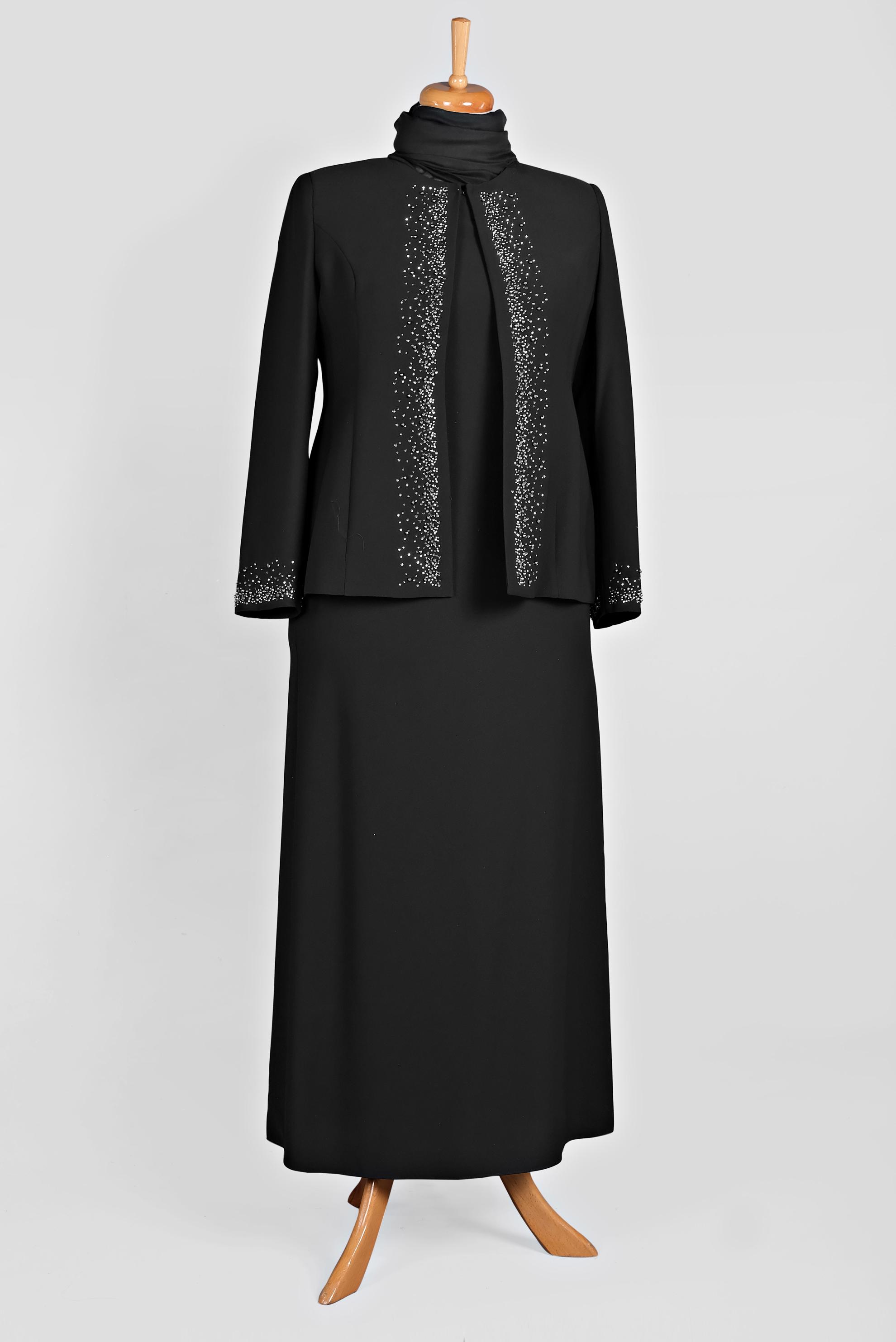 Tesettür giyim SİYAH TAŞ BASKILI ELBİSELİ TAKIM 3461