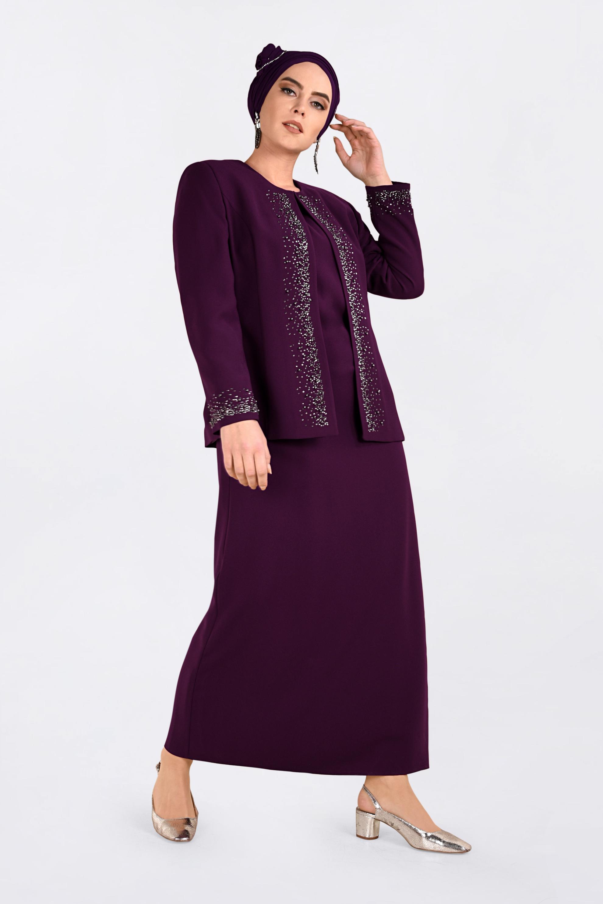 Tesettür giyim BORDO TAŞ BASKILI ELBİSELİ TAKIM 3461