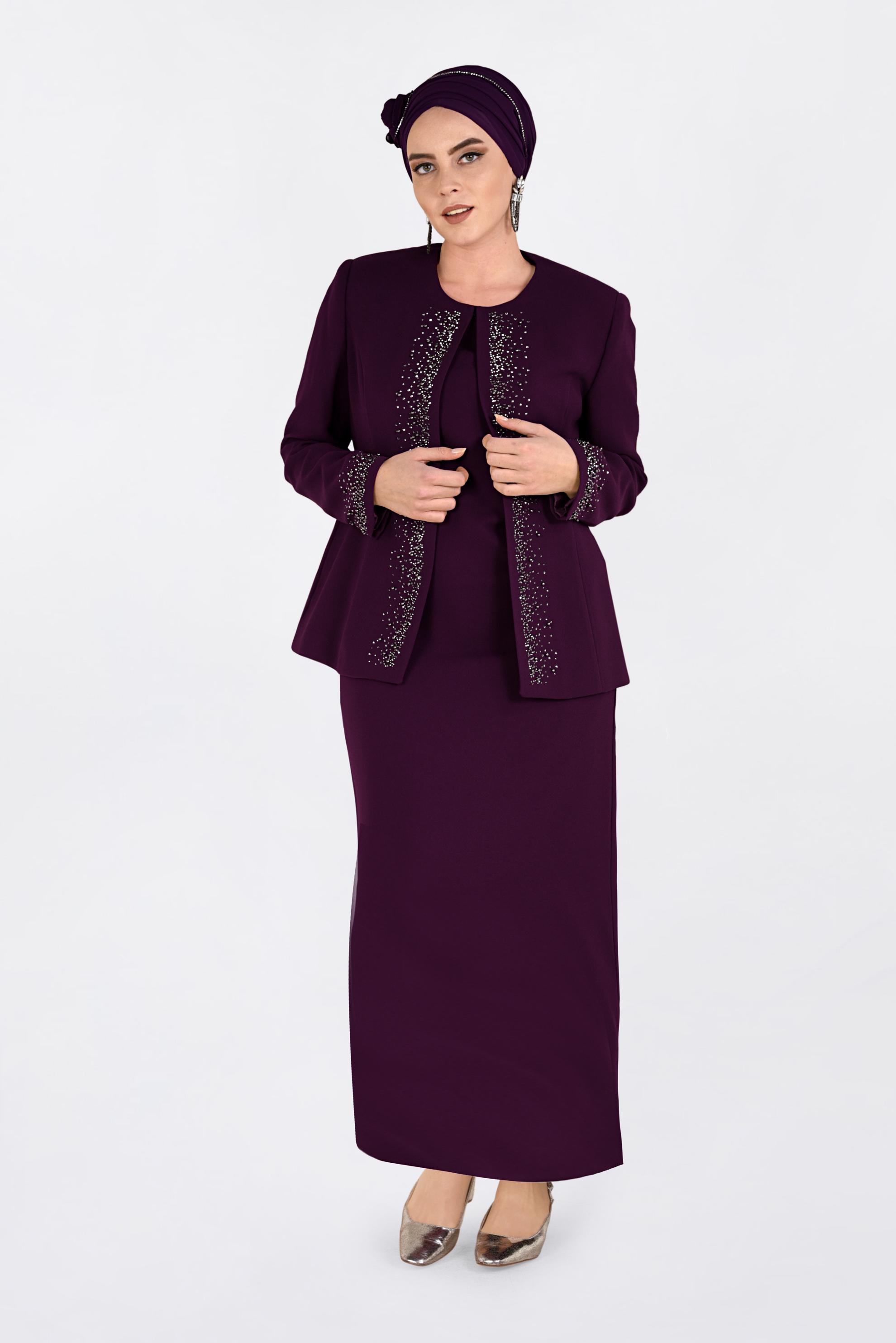 Tesettür giyim BORDO TAŞ BASKILI ELBİSELİ TAKIM 3461