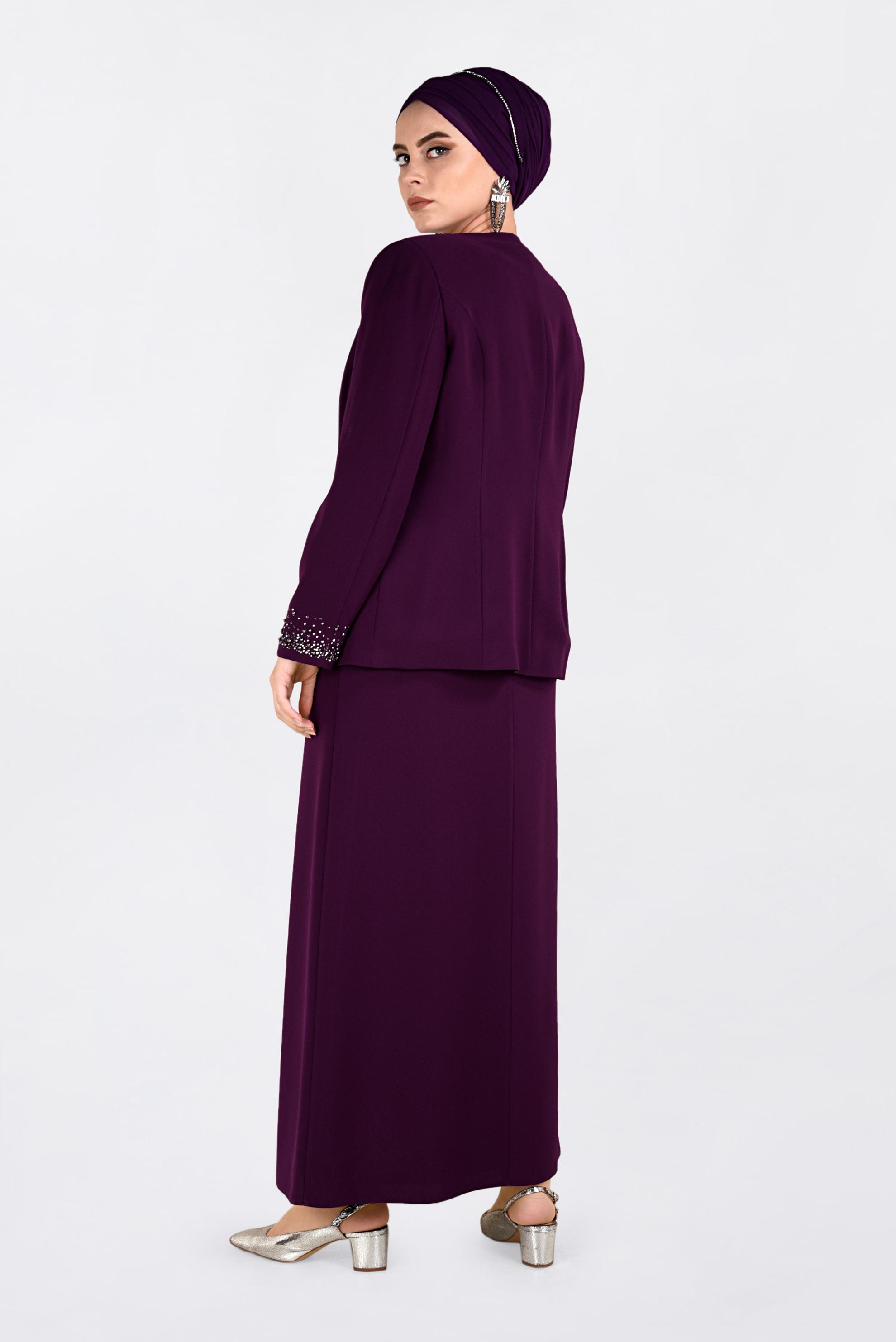 Tesettür giyim BORDO TAŞ BASKILI ELBİSELİ TAKIM 3461