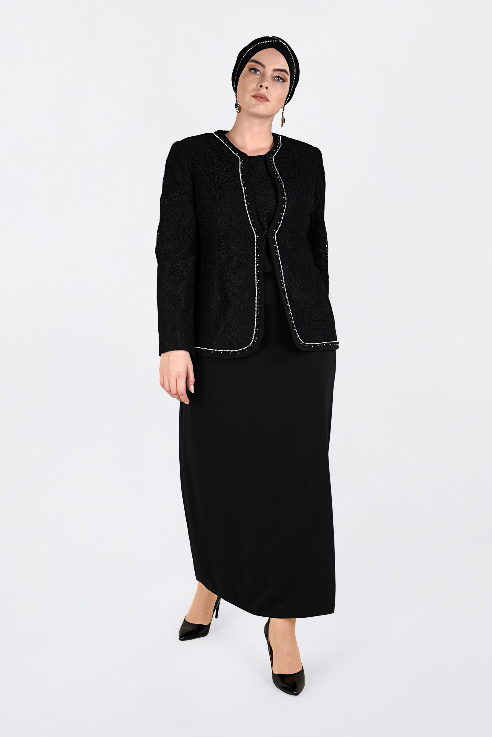 Tesettür giyim SİYAH TAŞ ŞERİT DETAYLI 2&prime;Lİ ELBİSELİ TAKIM 3463