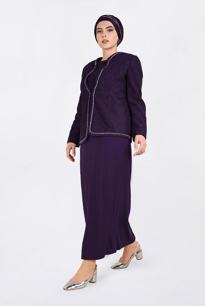 Hijab-Kleidung LILA TAŞ ŞERİT DETAYLI 2&prime;Lİ ELBİSELİ TAKIM 3463 - ALVİNA