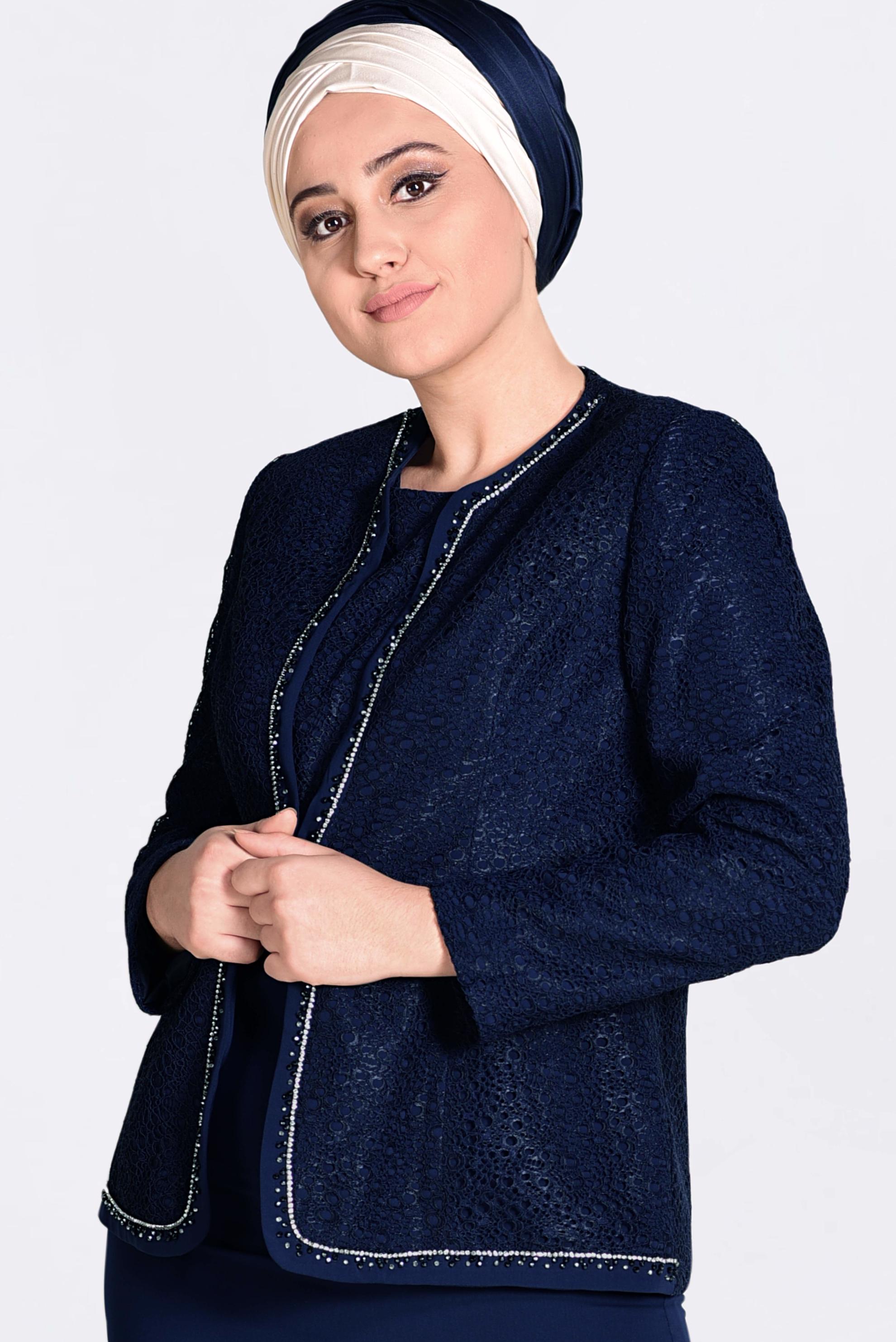 Hijab clothing NAVY BLUE Stone Detail Binary Suit 3463 