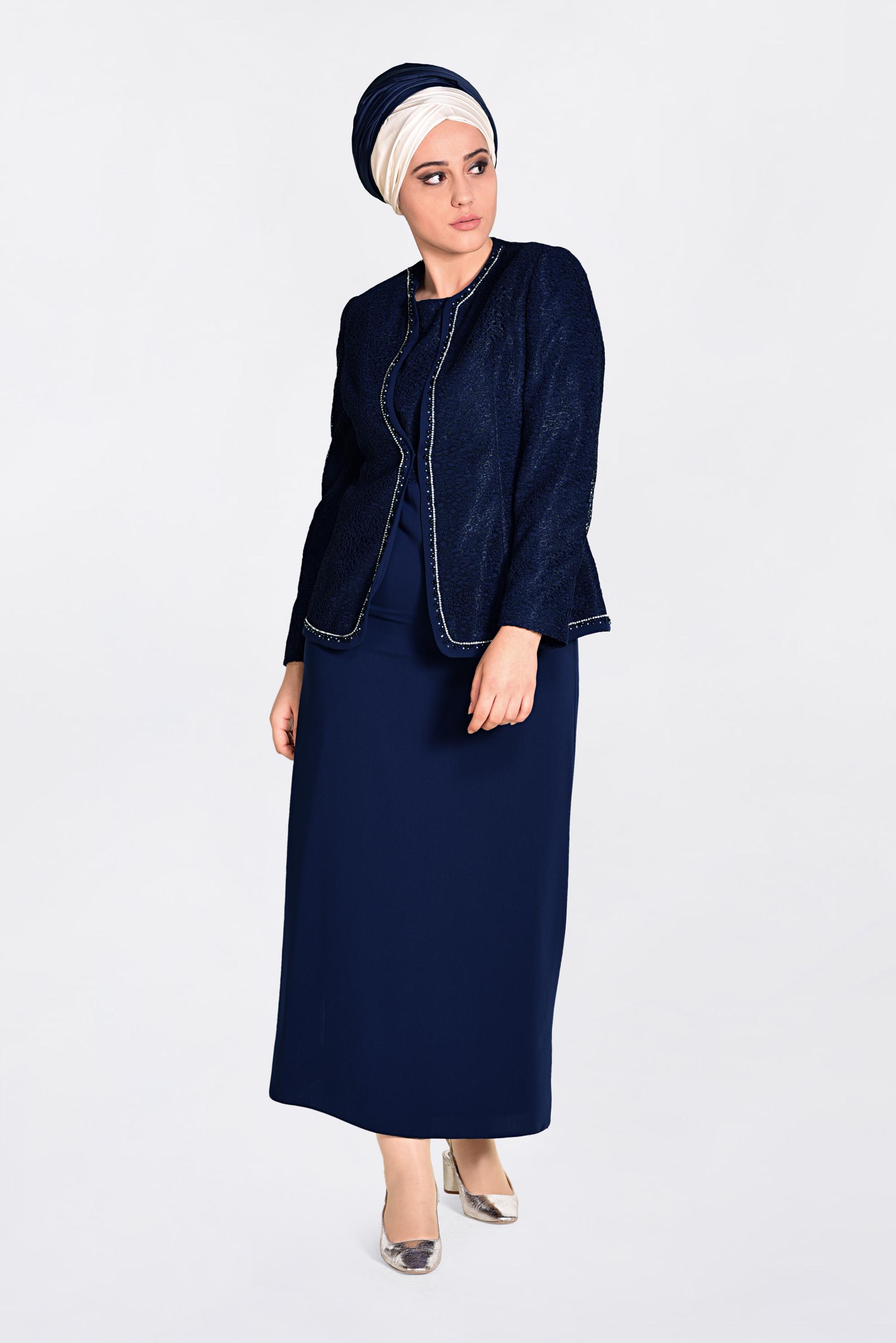 Hijab clothing NAVY BLUE Stone Detail Binary Suit 3463 