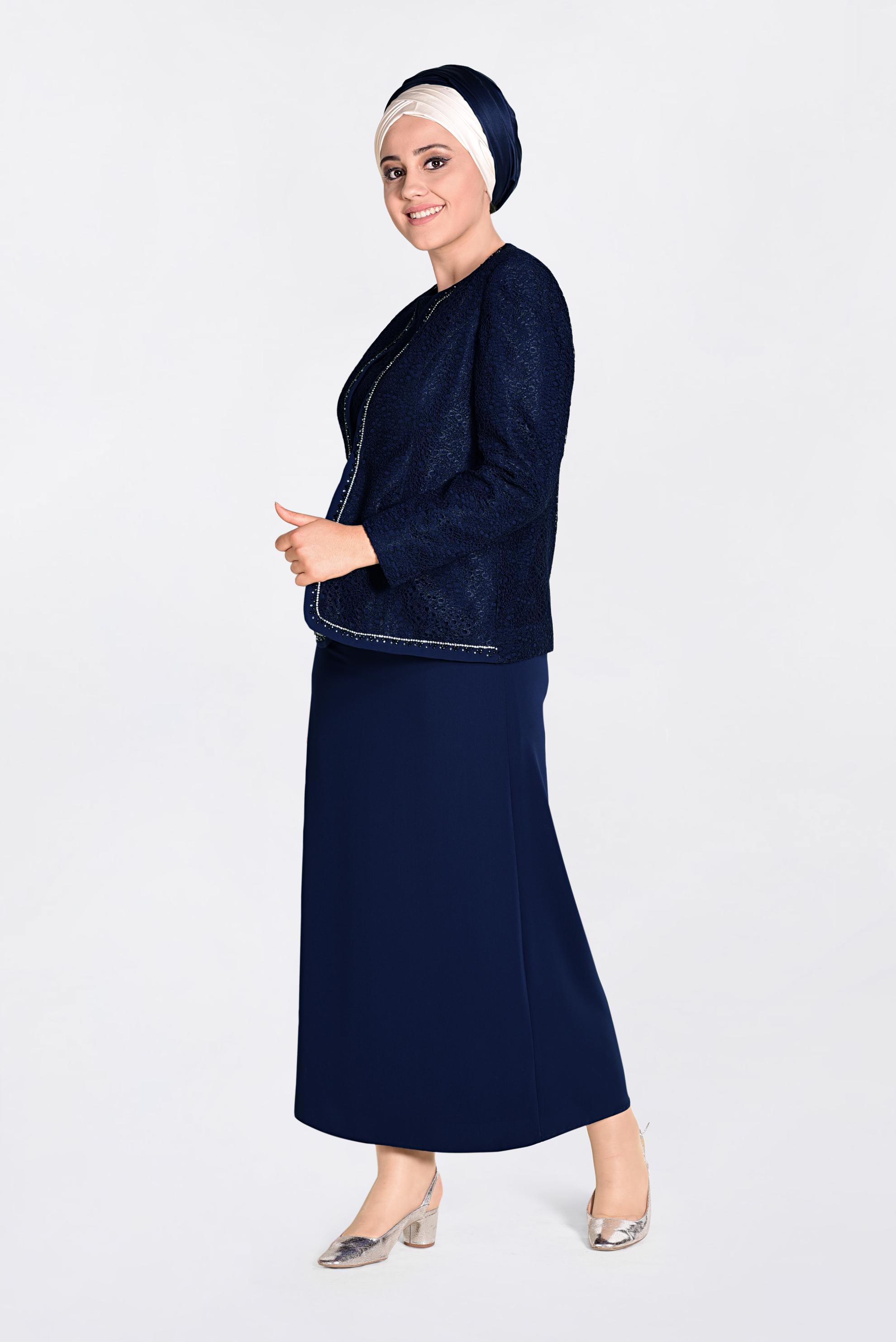 Hijab clothing NAVY BLUE Stone Detail Binary Suit 3463 