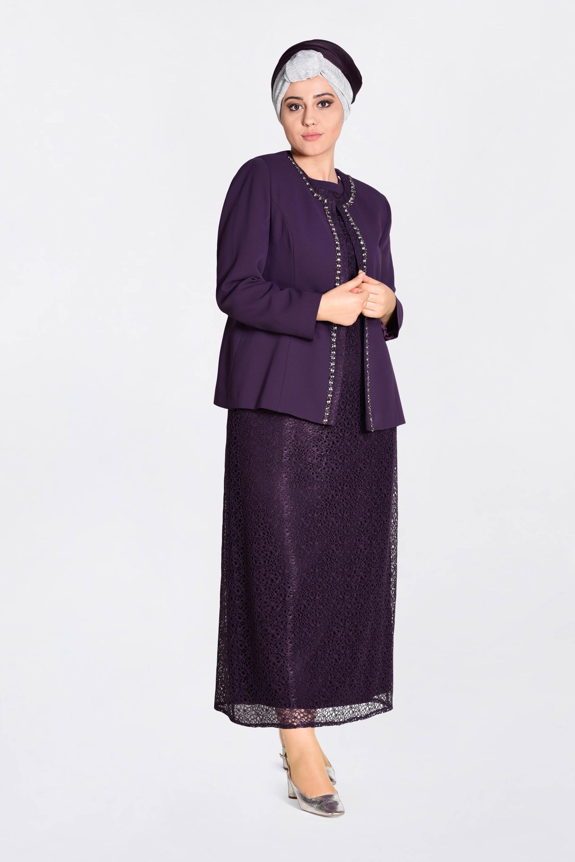 Tesettür giyim MOR TAŞ ŞERİT DETAYLI 2&prime;Lİ ELBİSELİ TAKIM 3464