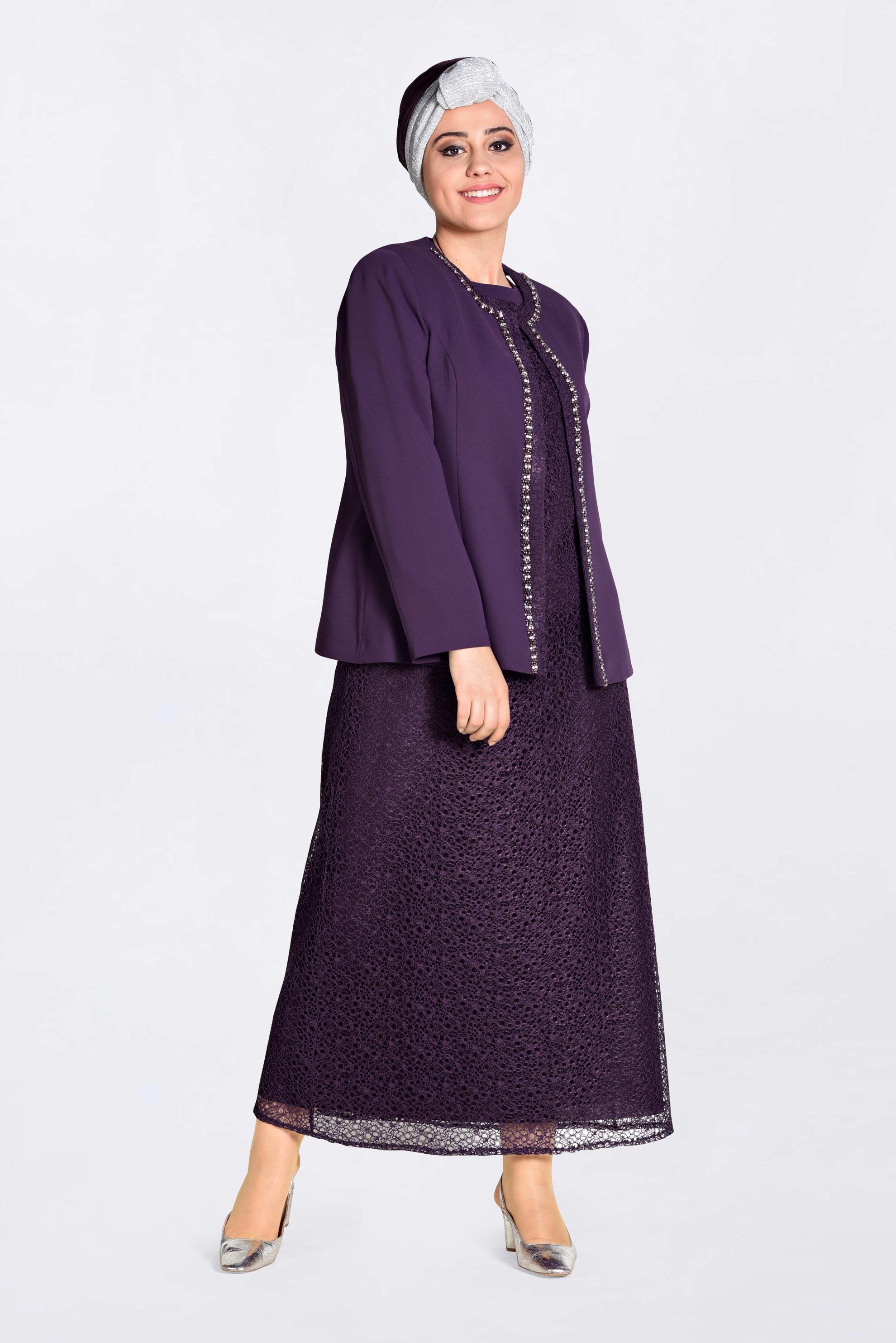 Tesettür giyim MOR TAŞ ŞERİT DETAYLI 2&prime;Lİ ELBİSELİ TAKIM 3464