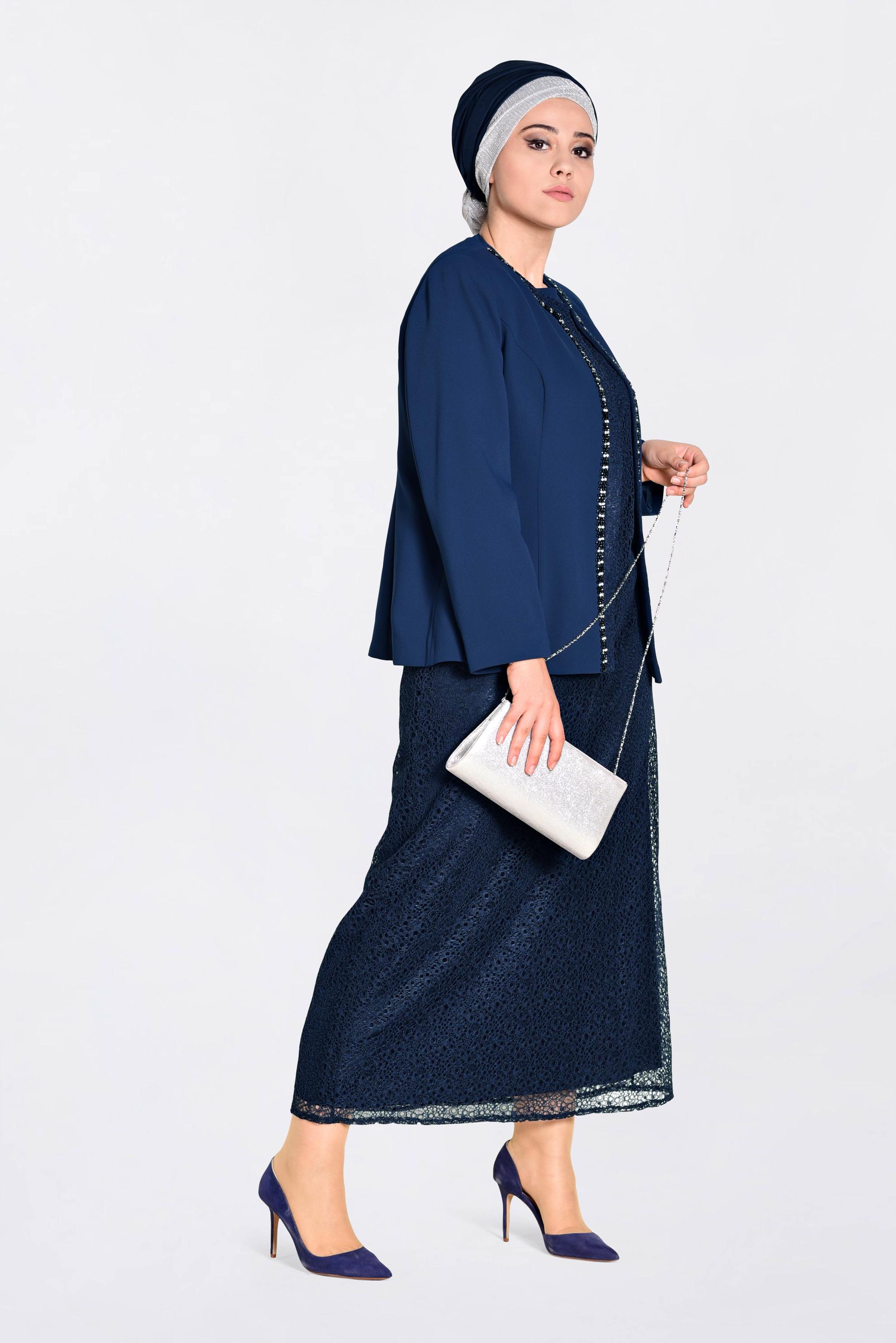 Hijab clothing NAVY BLUE Stone Detail Binary Suit 3464 