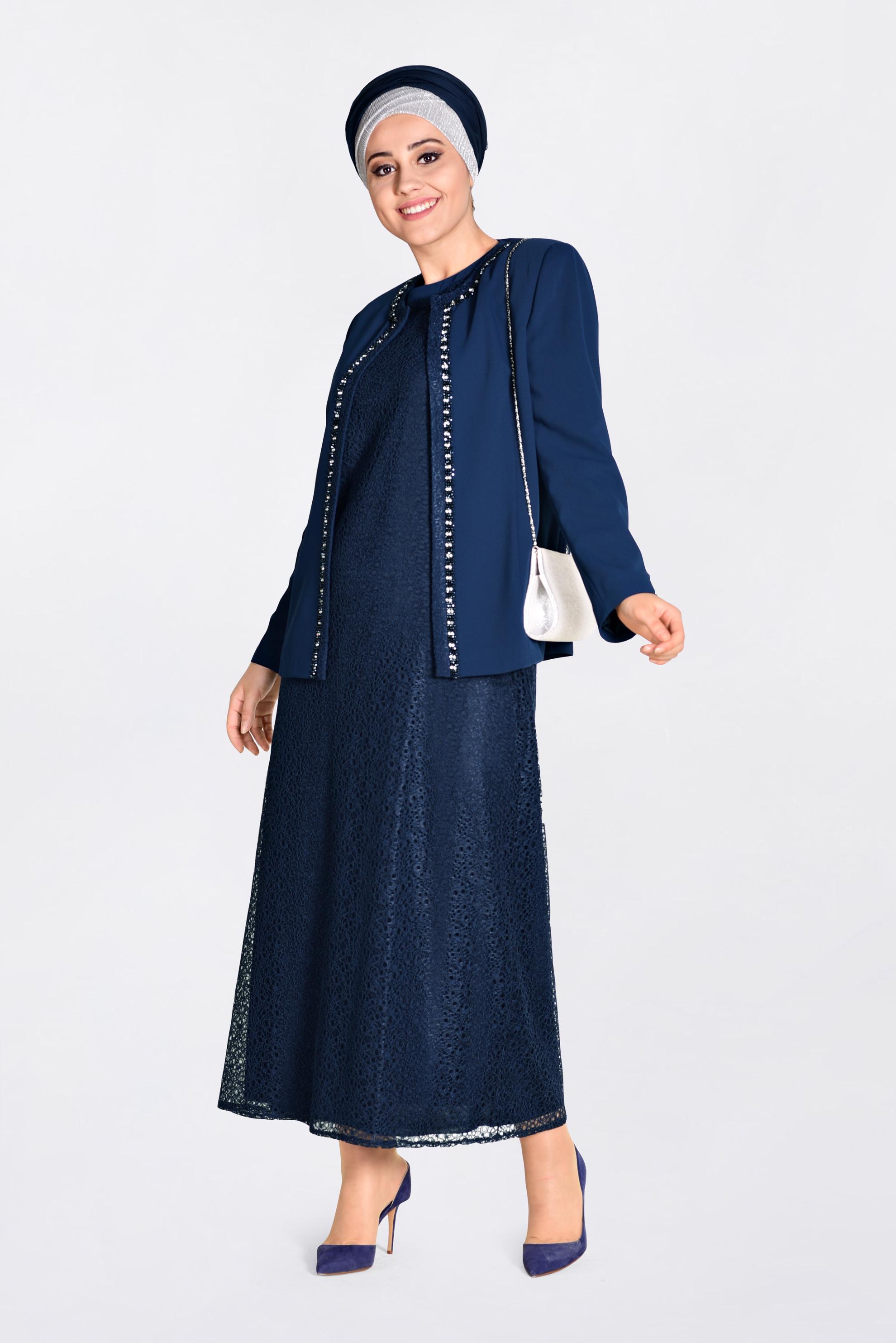 Hijab clothing NAVY BLUE Stone Detail Binary Suit 3464 