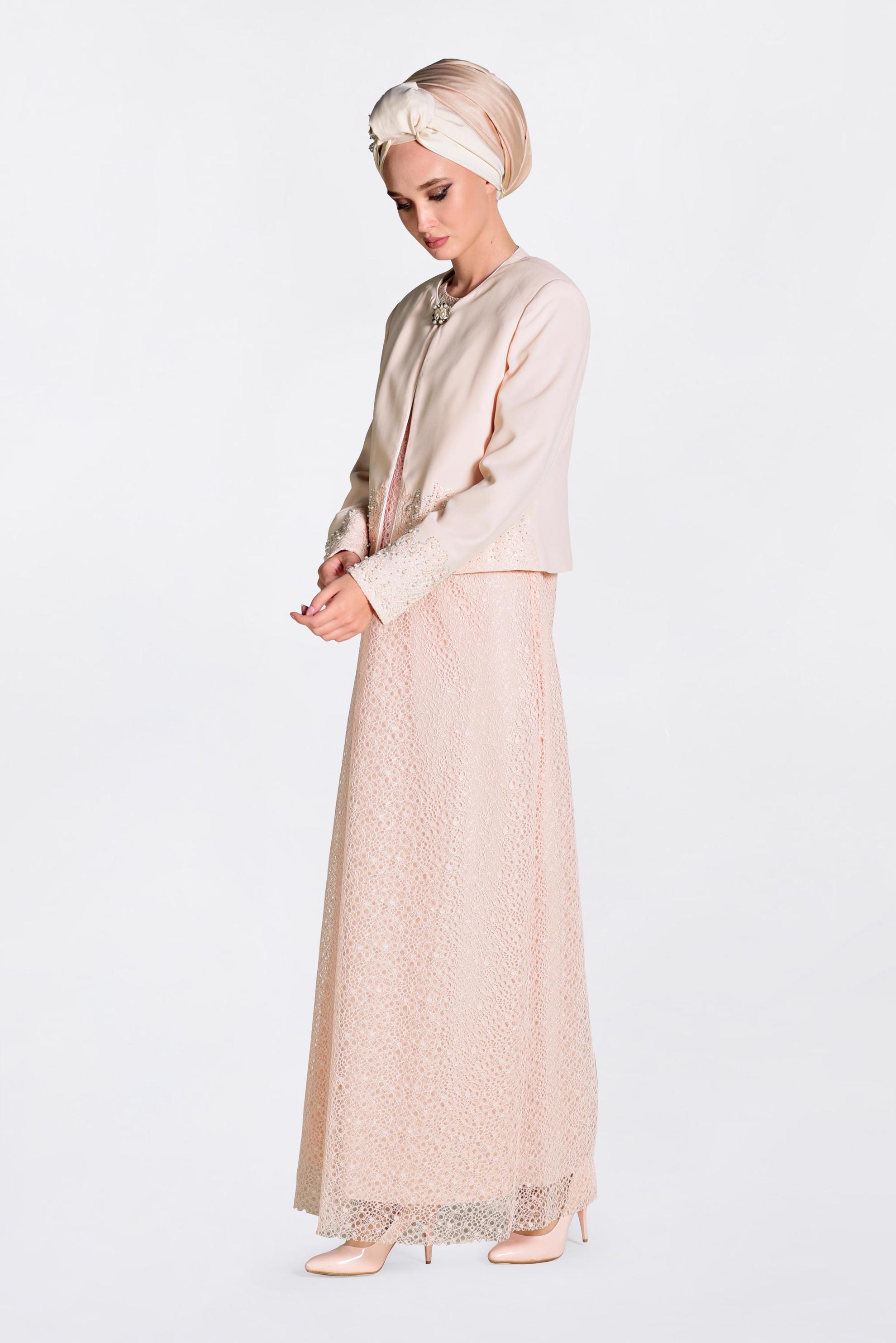 Tesettür giyim PUDRA DANTELLİ 2′Lİ ELBİSELİ TAKIM 3476