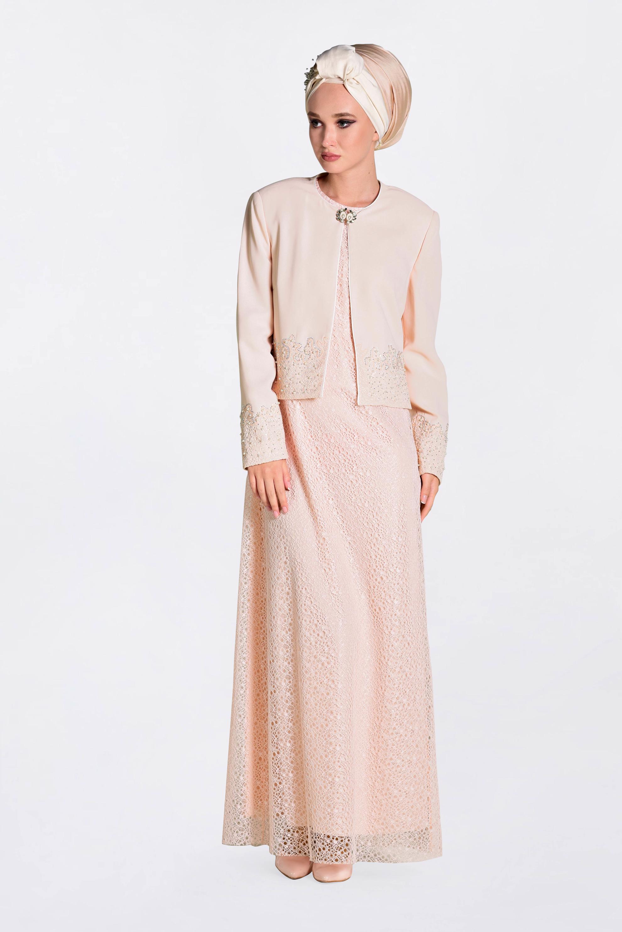 Tesettür giyim PUDRA DANTELLİ 2′Lİ ELBİSELİ TAKIM 3476